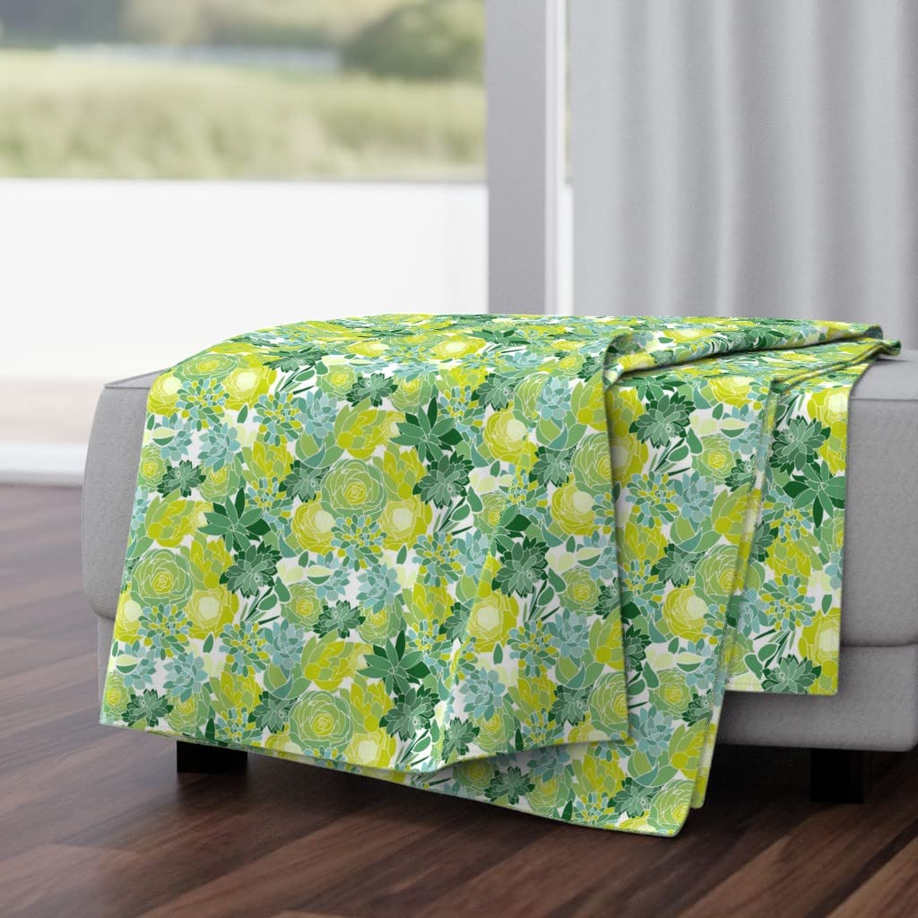 Soft Plush Minky Throw Blanket 50x70 Inches - Succulent Floral Green Plants Bohemian Summer Design | Cozy Couch Blanket for Living Room, Bed, Sofa & Outdoor Picnics
