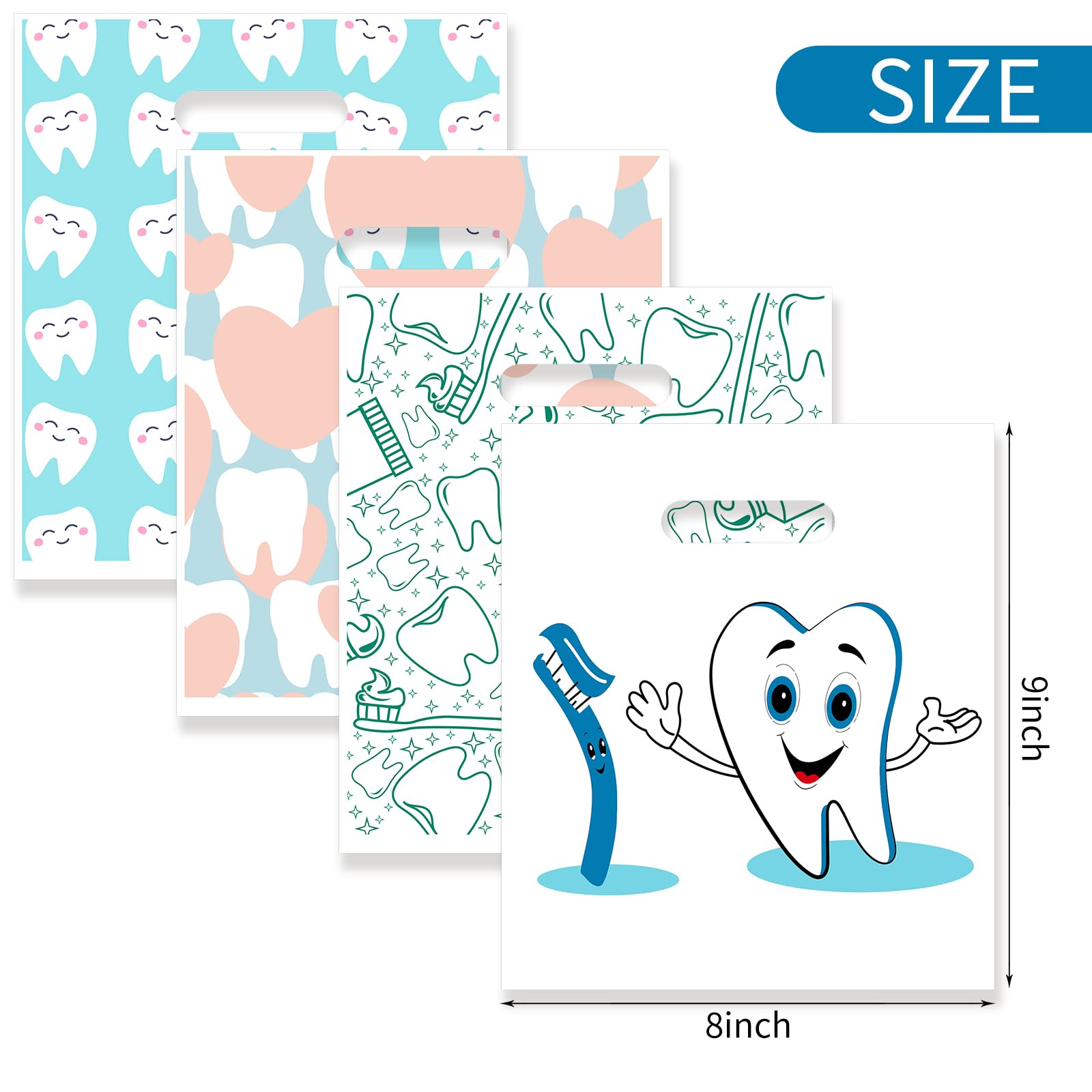 100 Pcs Disposable Dental Bags, 9 x 8 Inches Tooth Patient Care Goodie Bags for Dentists, Clinics, Schools & Home Use - Perfect for Dental Supplies, Party Favors & Patient Gifts (Style 1)