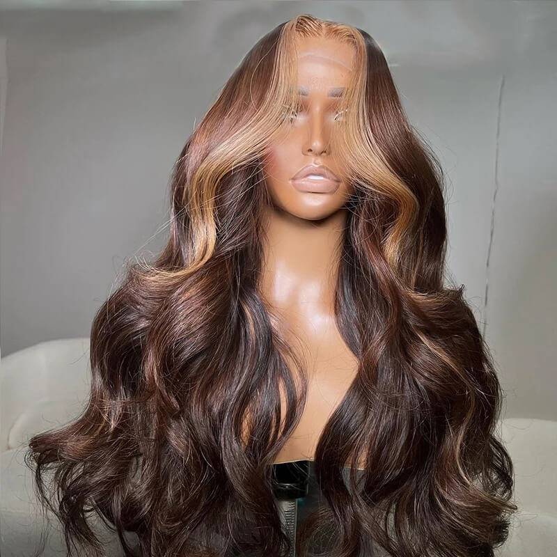 Eullair Dark Brown Body Wave Wig with Honey Blonde Highlights & Skunk Stripe Lace Frontal - Human Hair Wig for Women, Perfect for Daily Wear, Cosplay & Special Occasions