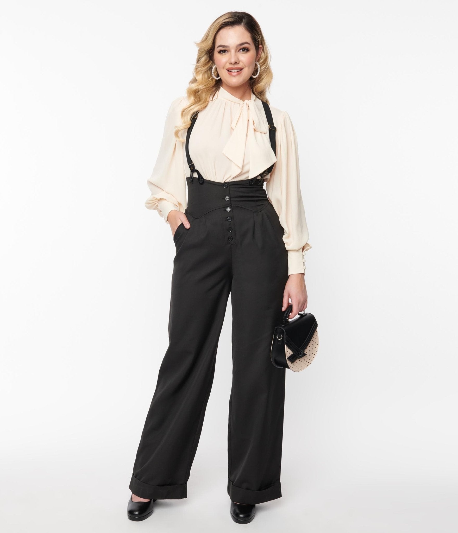 Unique Vintage 1930s Black Thelma High-Waisted Suspender Pants for Women | Retro Wide Leg Trousers | Perfect for Cosplay, Steampunk Fashion & Vintage Outfits