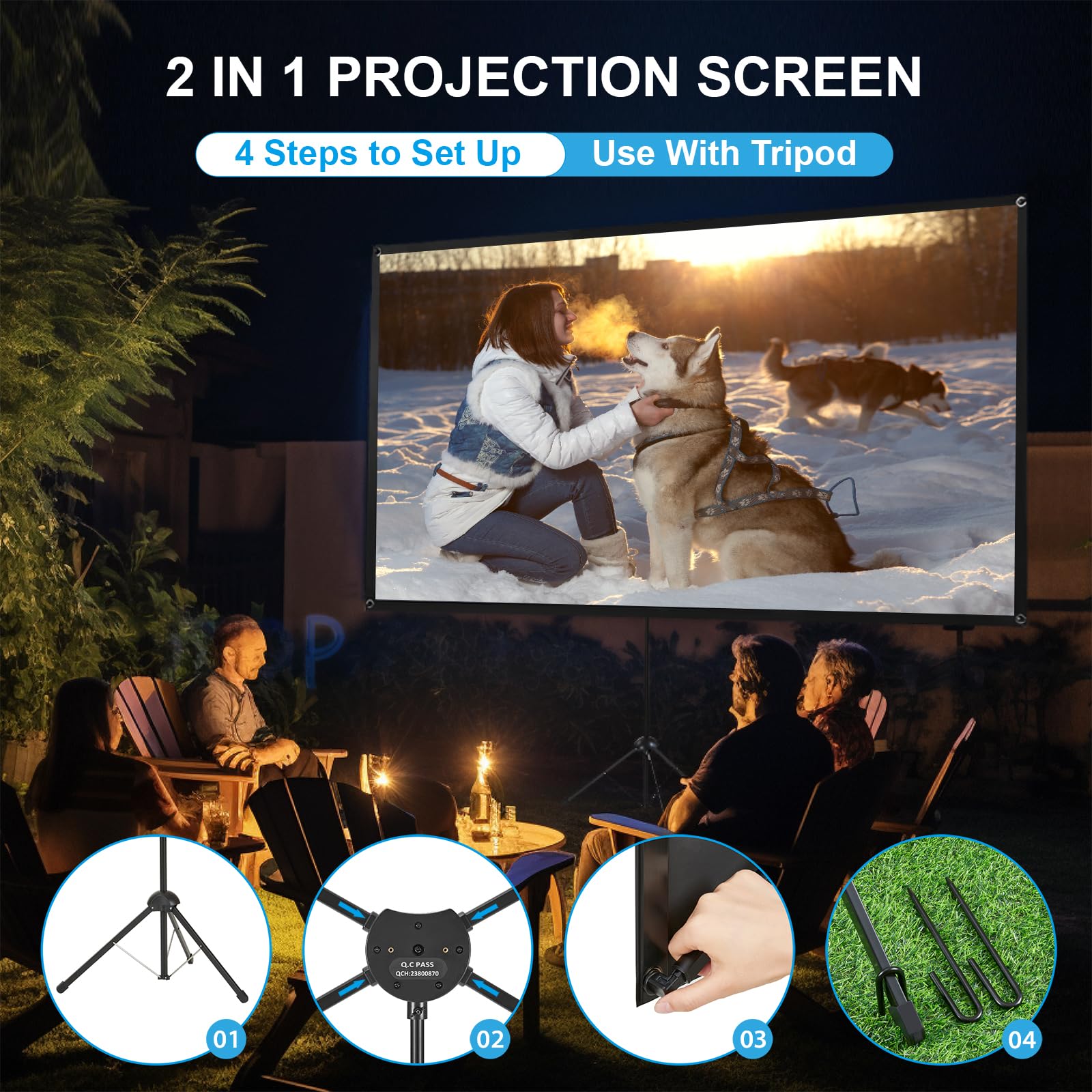 120 Inch Portable Projector Screen with Stand - 16:9 HD Outdoor Movie Screen, 1.2 Gain & 160° Viewing Angle - Quick Setup for Home Theater, Backyard Parties, Camping & Outdoor Movie Nights
