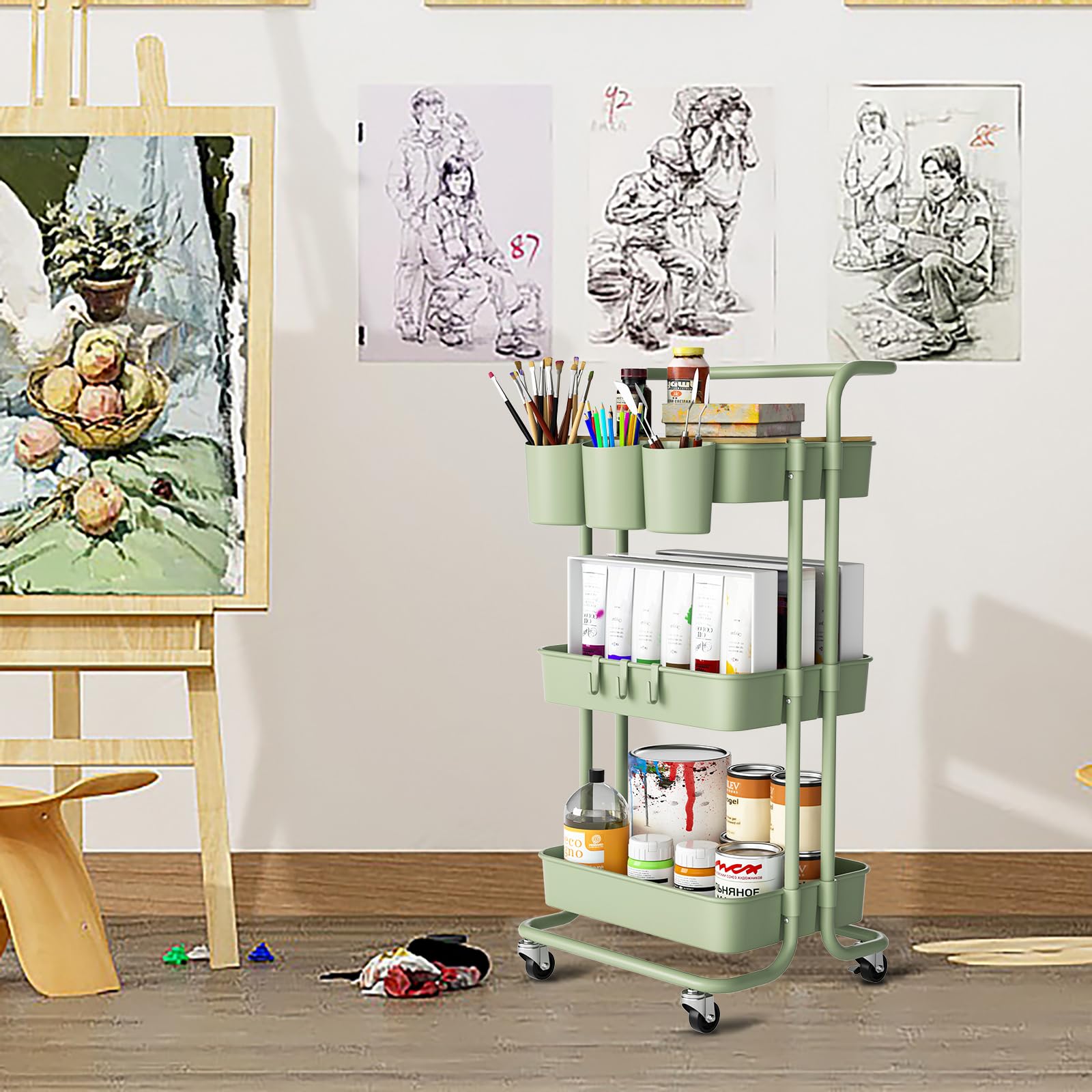 3 Tier Rolling Utility Cart with Lockable Wheels - Metal Handle, Table Top, Hanging Cups & Hooks - Plastic Storage Baskets for Bathroom, Classroom, Office, Kitchen & Pantry Organization - Perfect for Small Space Storage & Mobile Workstations (Green)
