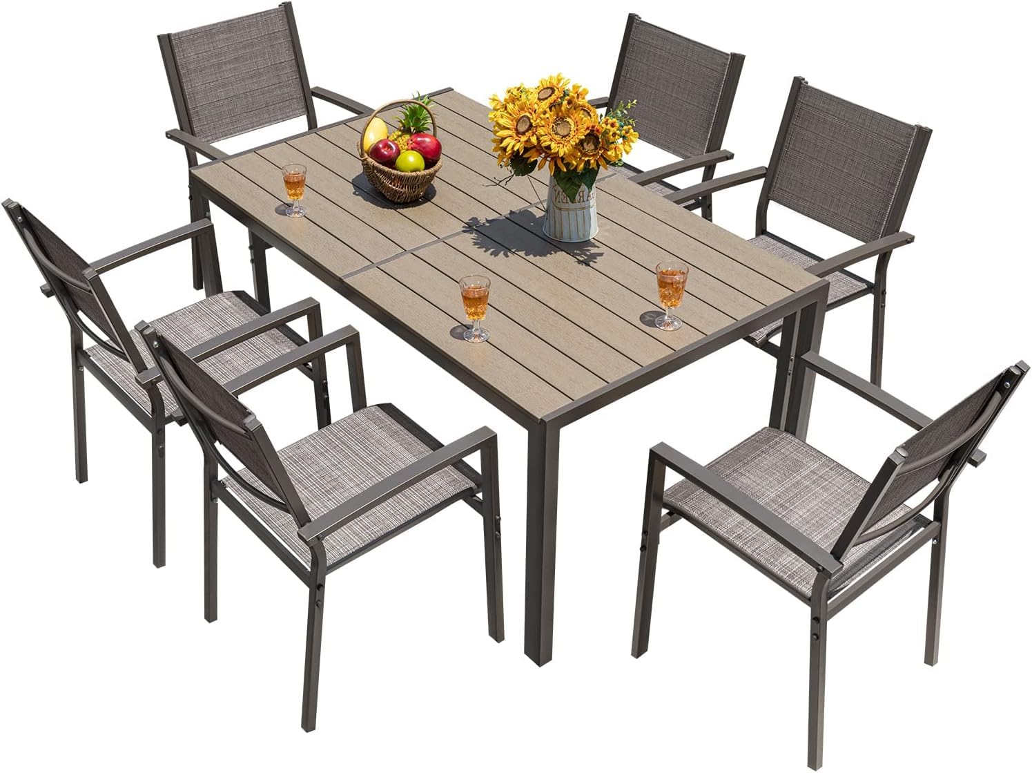 Homall 7-Piece Patio Dining Set with Table & 6 Textilene Chairs - Light Grey Outdoor Furniture for Backyard, Garden & Poolside Relaxation