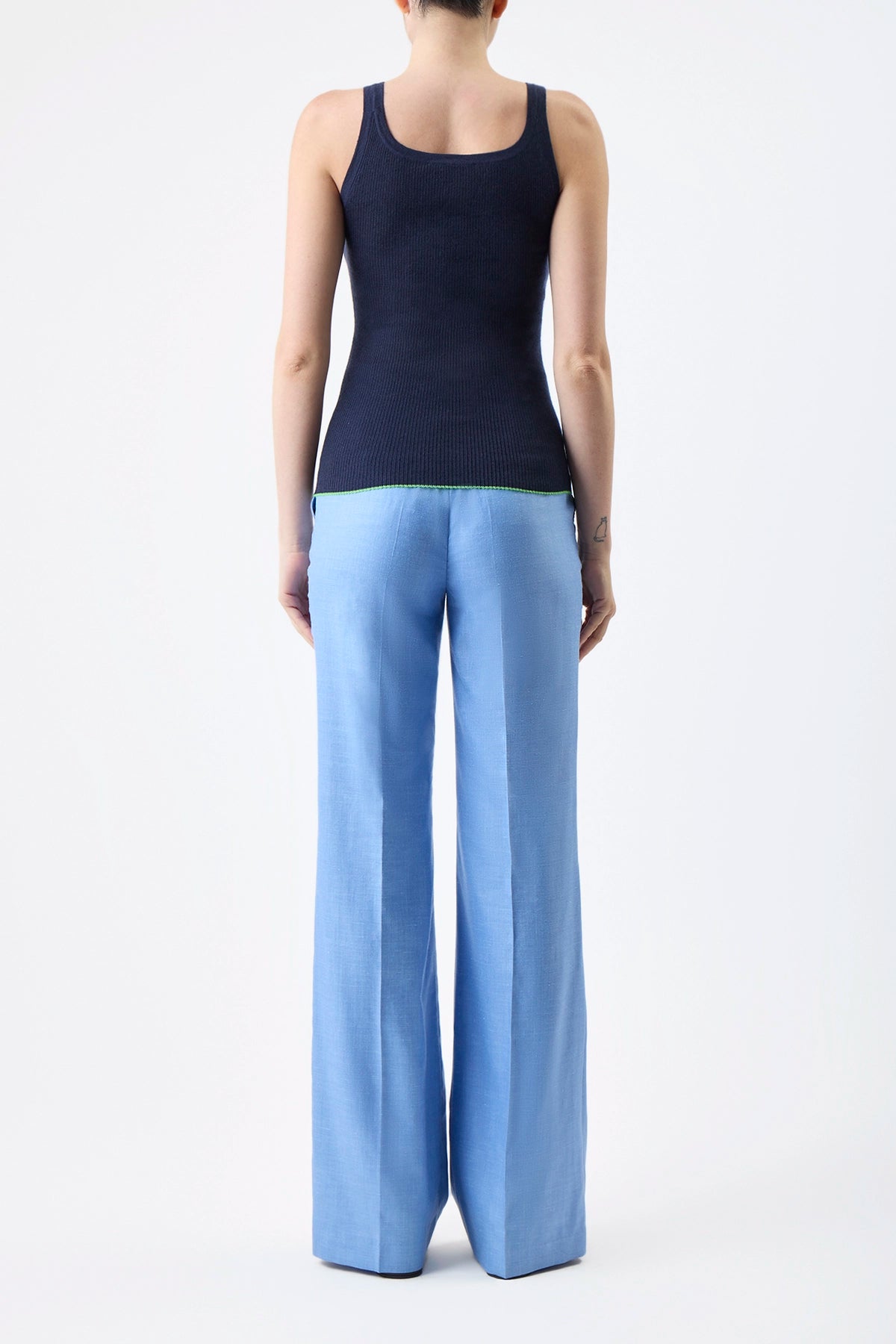Vesta Pant - Light Blue Virgin Wool & Silk Linen Twill Trousers for Women | Comfortable Office Pants, Business Casual Wear & Travel Outfits