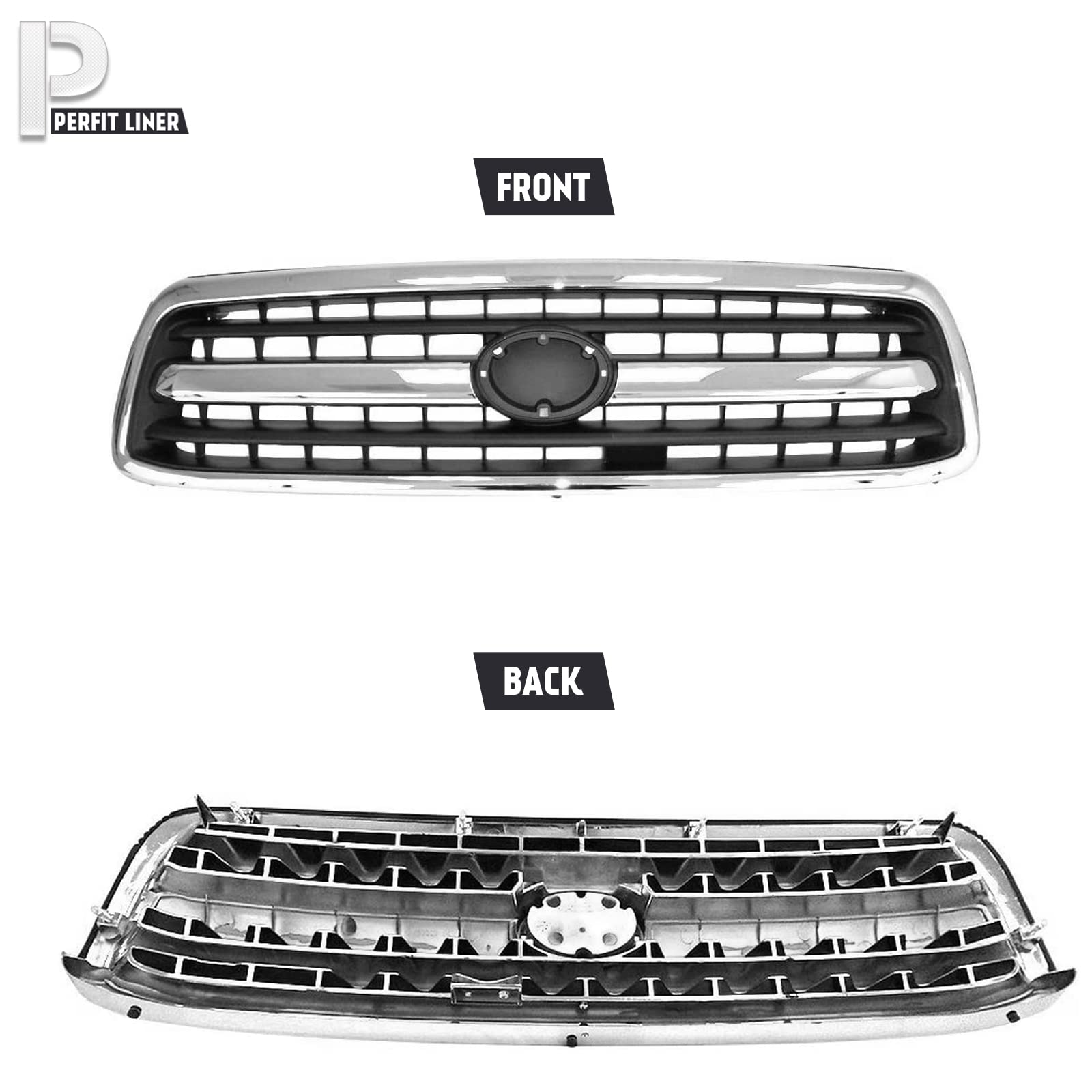 Perfit Liner Front Chrome Black Grille Grill with Emblem Provision - Compatible with 2000-2002 Toyota Tundra Pickup Truck (Part #TO1200223 531000C020) - Upgrade Your Truck's Style & Protection