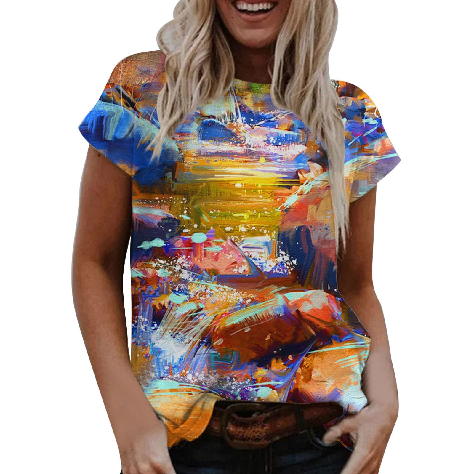 Women's Plus Size Cute Summer Tank Top - O Neck Printed Short Sleeve Casual T-Shirt for Everyday Wear, Beach Outings & Vacation Essentials