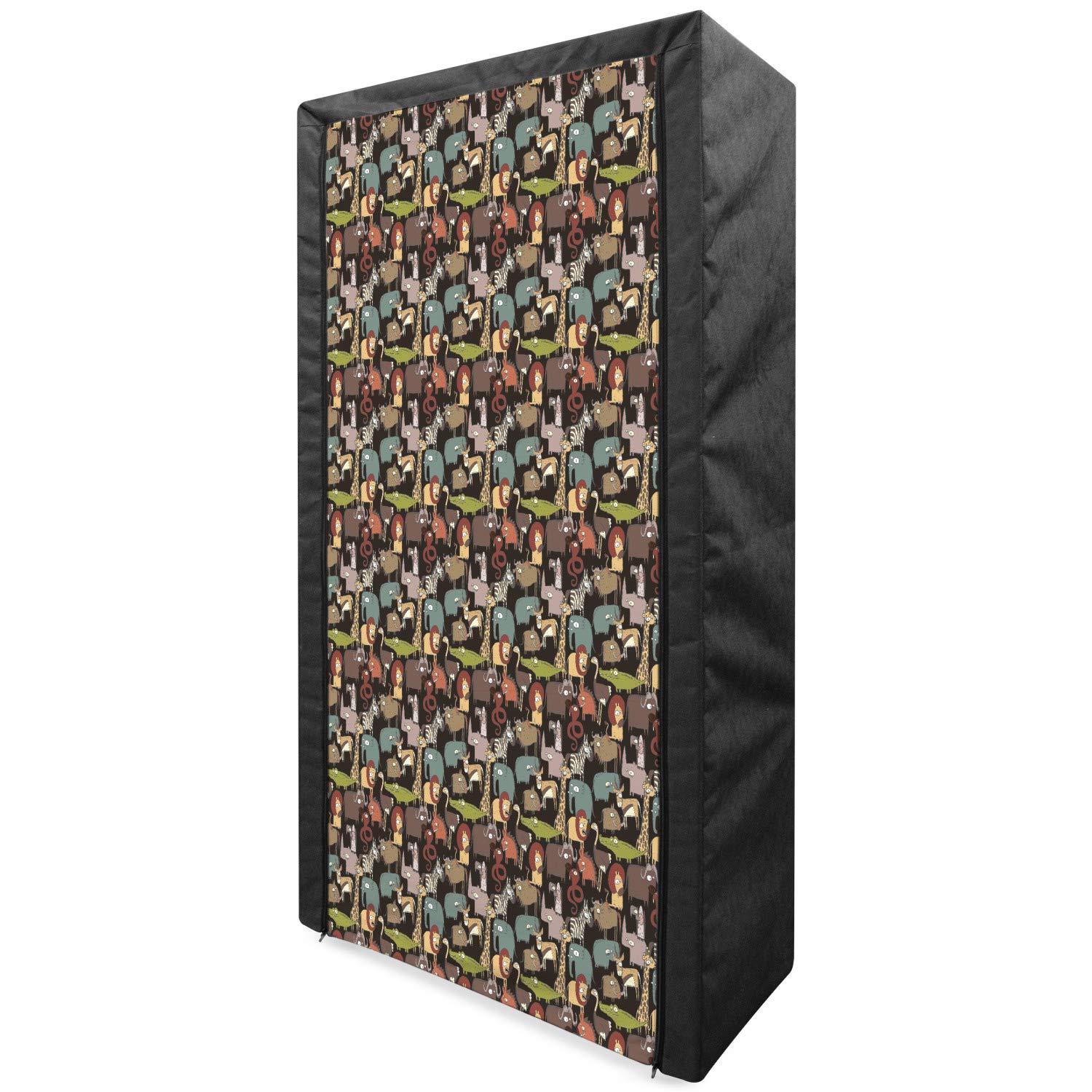 Ambesonne Animal Print Portable Fabric Wardrobe - Cartoon Savannah Giraffe Elephant Zebra Lion Design - 33.5 Inch Clothing Organizer with Shelves - Multicolor Storage Closet for Kids Room, Dorm, or Nursery