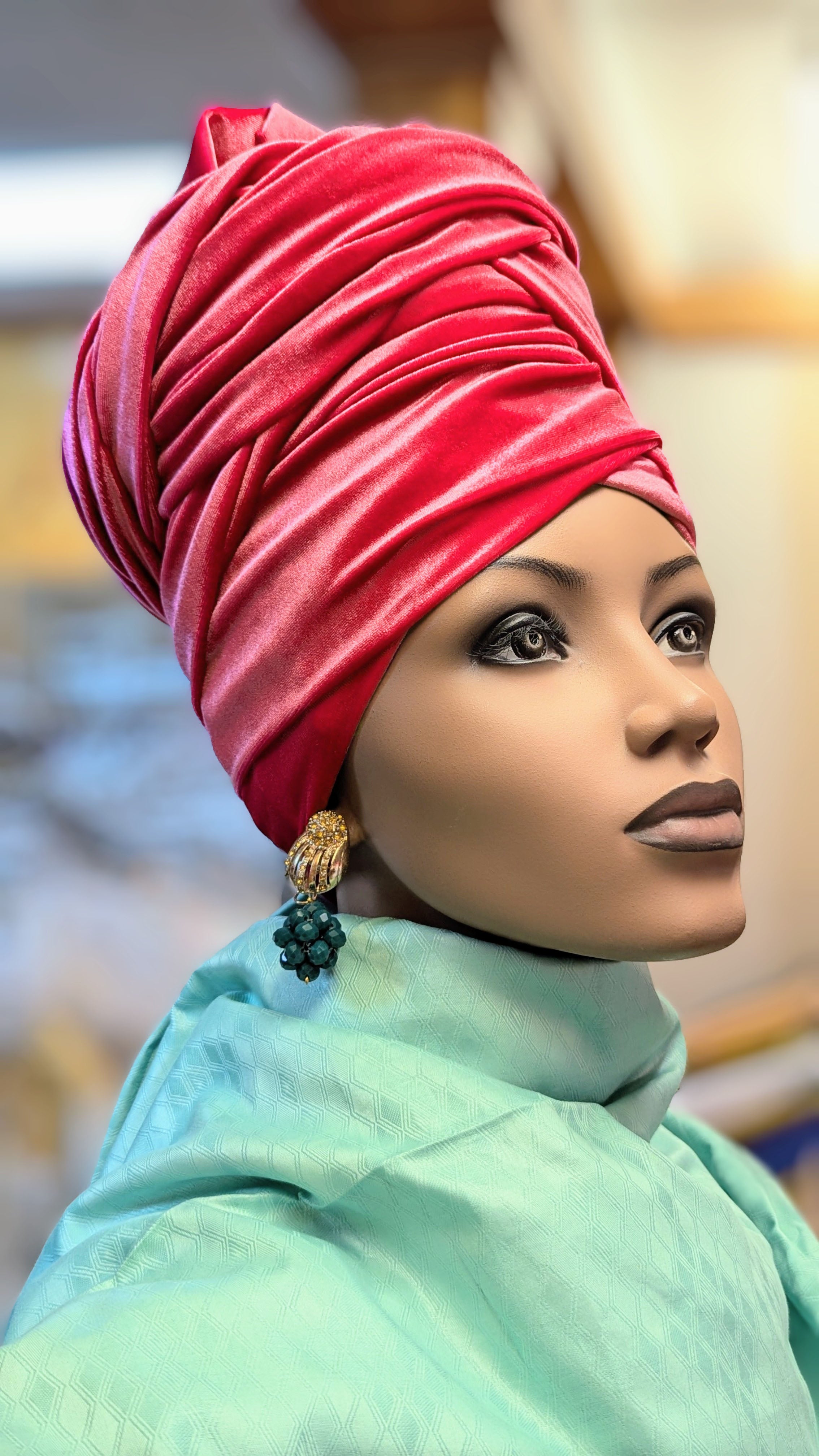 Dupsie's Zanele Coral Red Velvet Velour African Head Wrap Hat - Stylish Hair Accessory for Women, Church, Weddings & Special Occasions