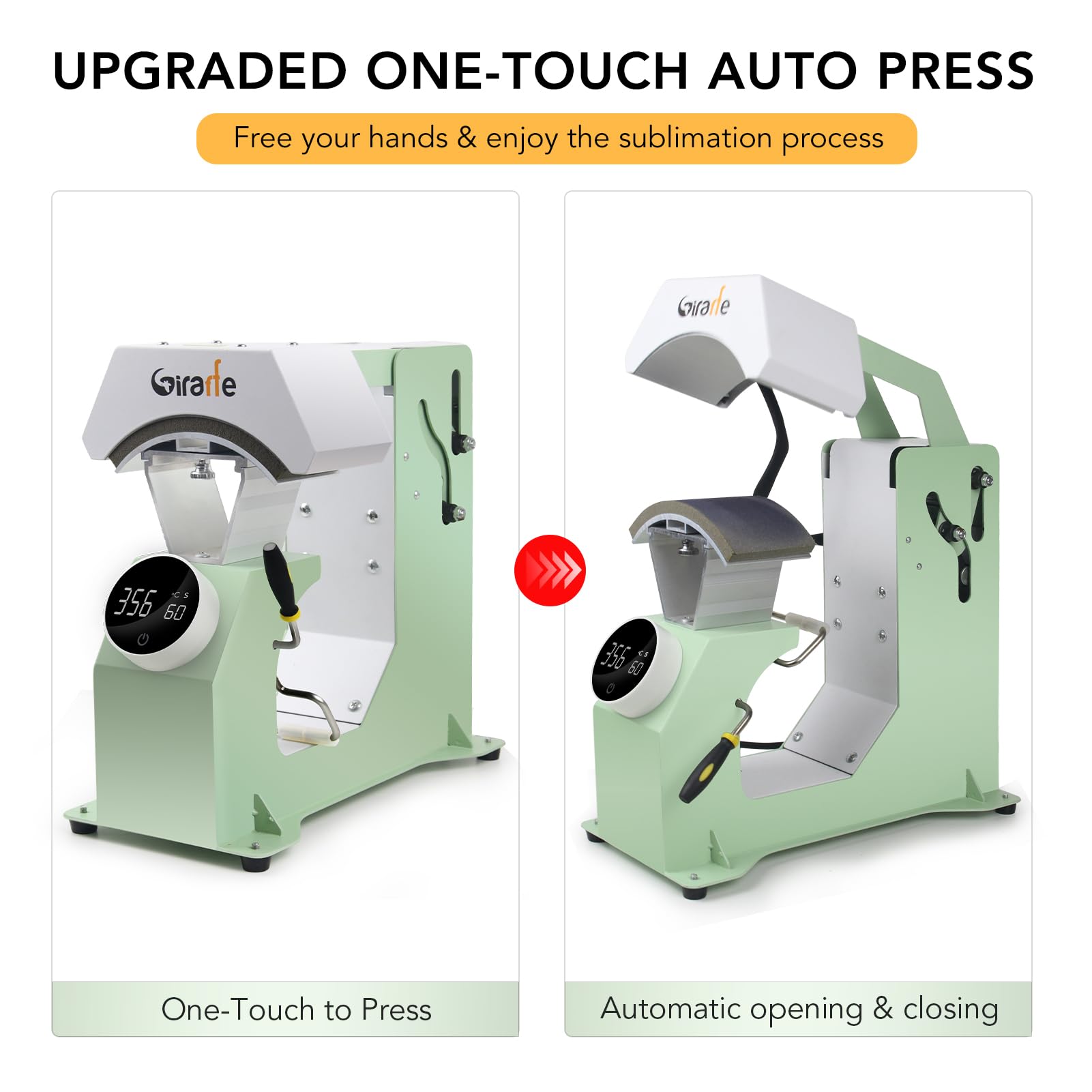 Giraffe Auto Hat Heat Press Machine for Caps, T-Shirts & Bags - Digital Knob-Style Control Panel, Auto Open/Release - Perfect for DIY Sublimation, Custom Apparel & Small Business Use (Green)
