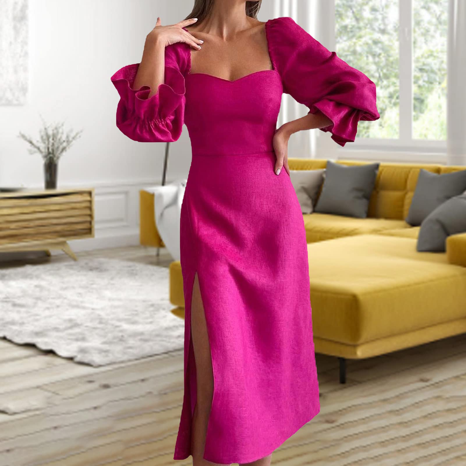 NUZYZ Women's Sexy Square Neck Puff Sleeve A-Line Midi Dress with Side Split - Rose Red Floral Print for Dating, Wedding & Streetwear | Perfect for Autumn Dates, Cocktail Parties & Special Occasions