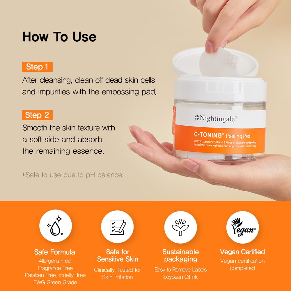 Nightingale C-Toning Exfoliating Peel Pads with Vitamin Complex, AHA BHA PHA & Niacinamide - Korean Skincare for Sebum Control, Skin Texture Improvement | Hypoallergenic & Vegan | Perfect for Daily Exfoliation & Acne-Prone Skin Care