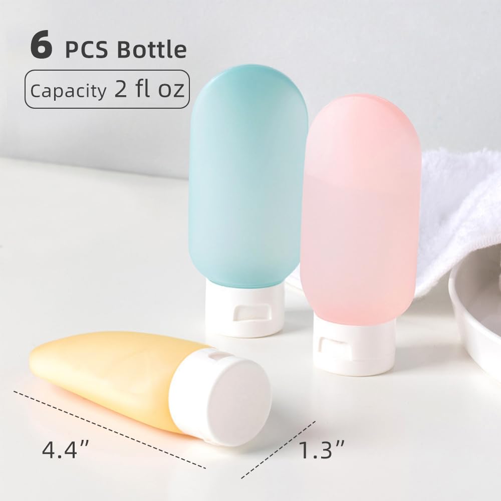 6 Pack TSA Approved 2oz Travel Bottles for Toiletries - BPA Free Leak Proof Refillable Squeezable Containers for Shampoo, Conditioner & Lotion - Perfect for Air Travel, Gym & Vacation Essentials