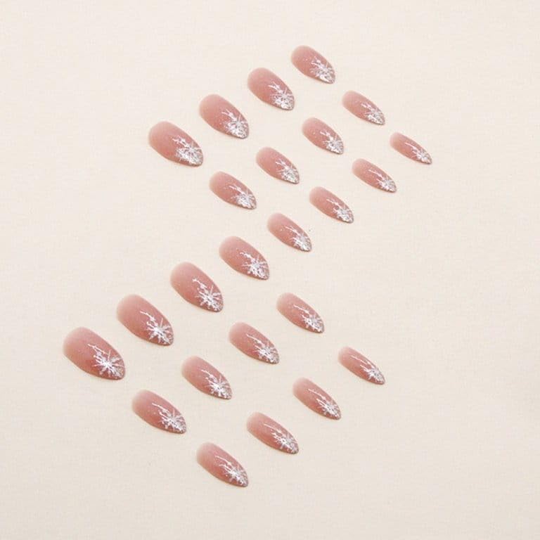 CherryBox 24-Piece Glitter Press on Nails - Long Pointed Snowflake Design with Shiny Pink Sparkles (Includes Nail Glue & Stickers) - Perfect for Christmas Parties, Weddings & Special Occasions