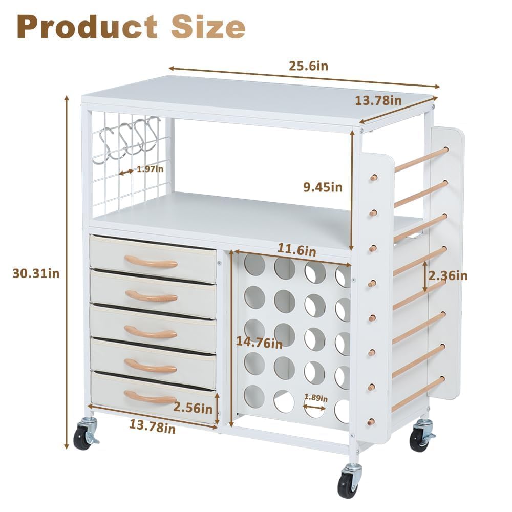 LUCKUP Craft Storage Rolling Cart for Cricut Machines - 28 Vinyl Roll Holders, 5 Drawers & Heat Press Stand - Mobile Craft Organization Cabinet with Hooks - Perfect for DIY Projects, Scrapbooking & Home Craft Room Organization