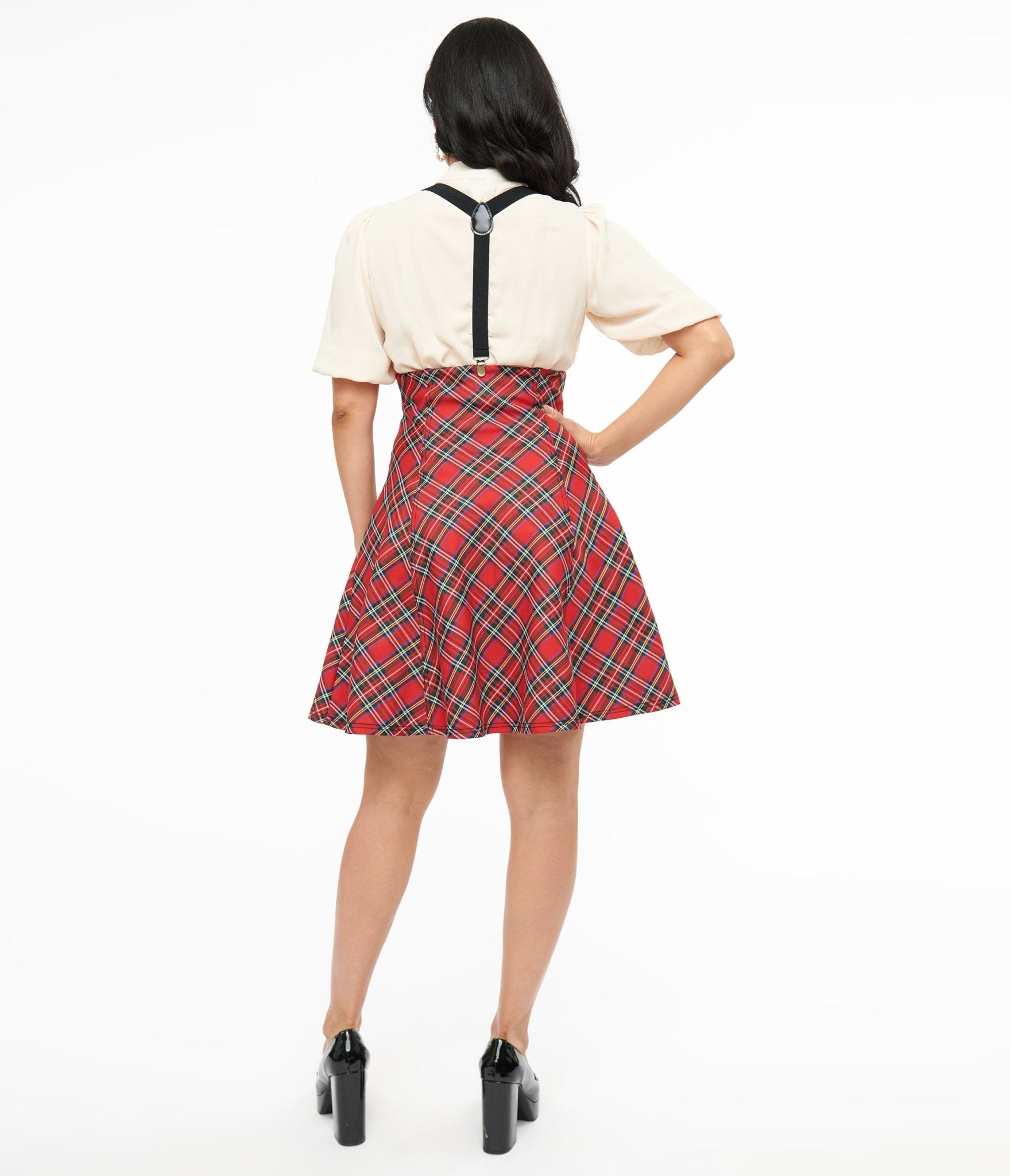Vintage 1950s Red Plaid Swing Skirt with Suspenders - Retro A-Line Flare Skirt for Women - Perfect for Pinup Fashion, Rockabilly Outfits & Vintage-Themed Parties