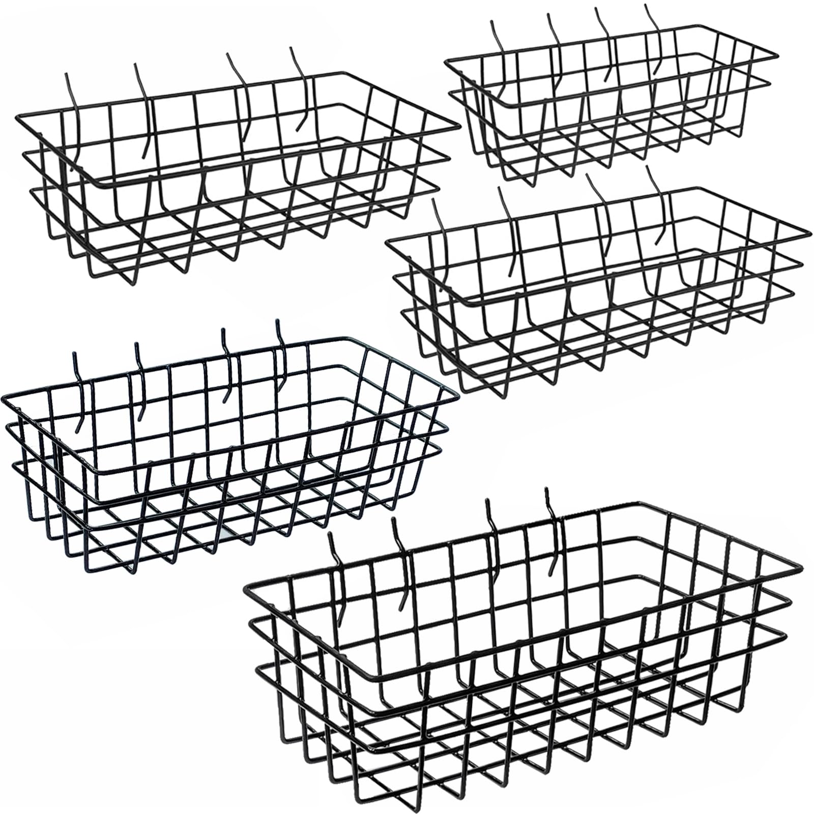 5-Piece Heavy Duty Black Metal Wire Pegboard Baskets Set - Wall Mount Storage Organizer for Garage, Workshop, Craft Room - Perfect for Tools, Supplies & DIY Projects