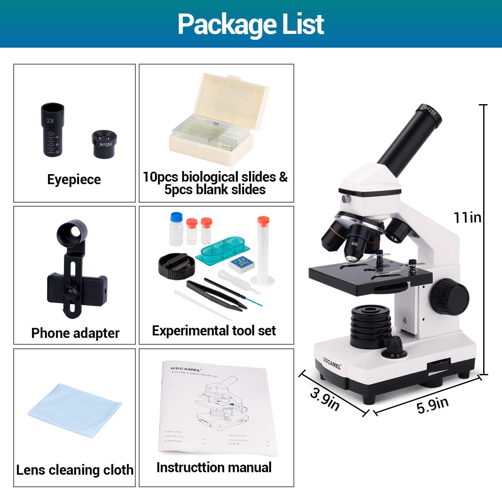 USCAMEL 40X-2000X Professional Compound Microscope for Adults, Students & Kids - Biological Microscope with Slides Set & Phone Adapter - Perfect for School Labs, Home Education & STEM Learning Activities