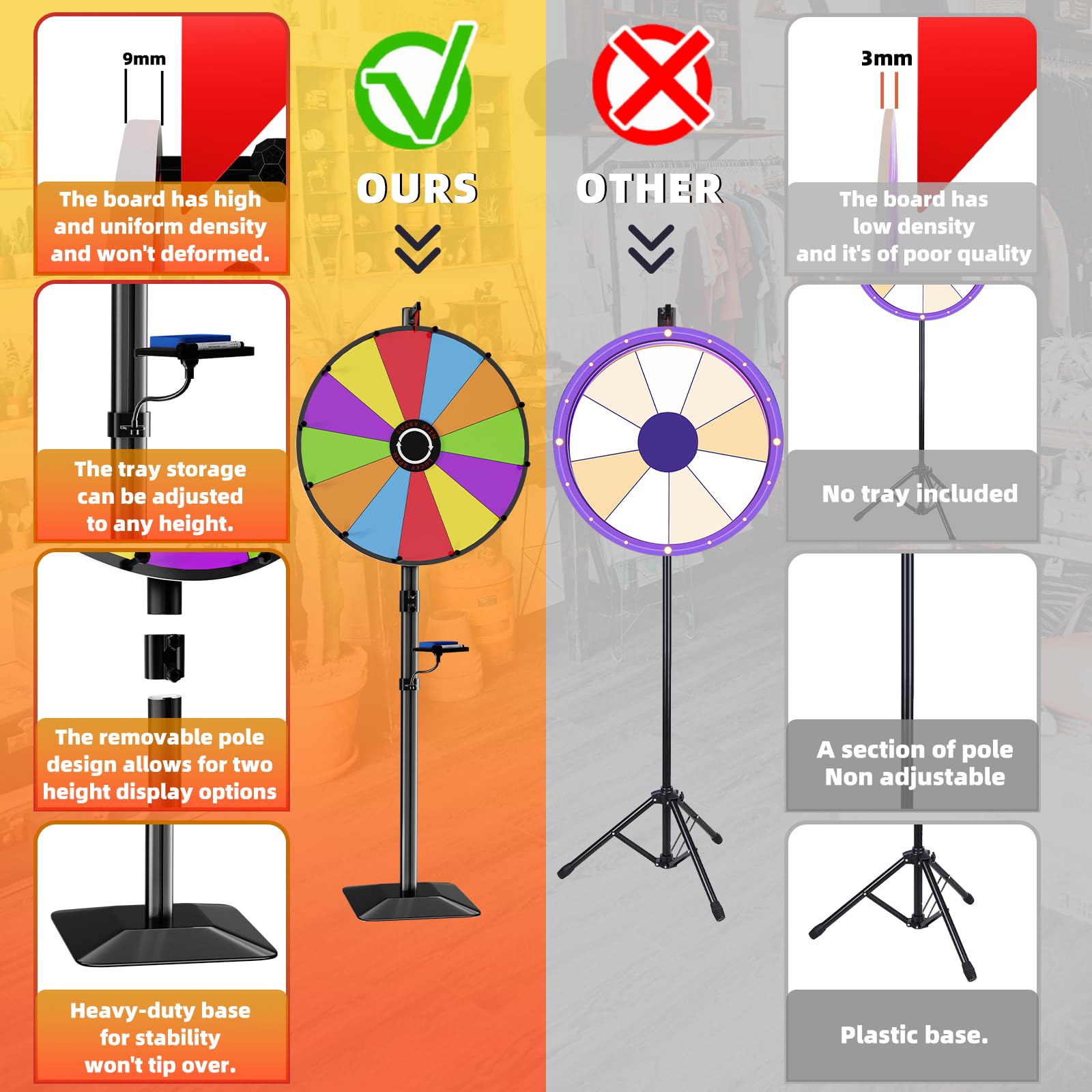 24 Inch Heavy Duty Prize Wheel - Dual Use Tabletop & Floor Stand with Adjustable Height, 12 Slots & Dry Erase Kit - Perfect for Carnival Games, Casino Nights, Trade Shows & Classroom Activities