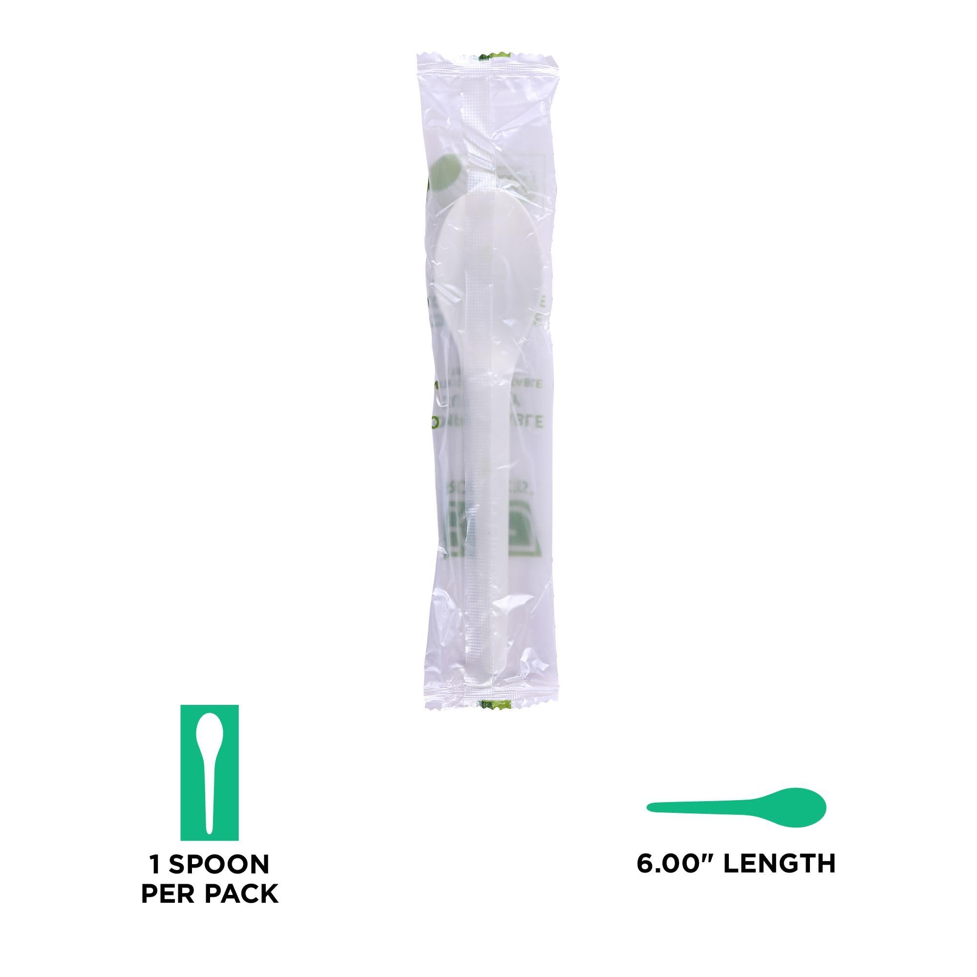 Eco-Friendly Compostable CPLA 6 Inch Plastic Spoons - 1000 Count Case | Individually Wrapped Disposable Cutlery | BPI Certified Plant-Based White Spoons | Durable & Sturdy for Parties, Picnics, Catering & Events