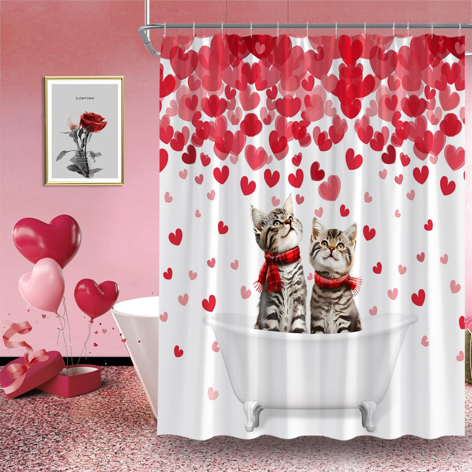 Cute Cat in Bathtub Valentine's Day Shower Curtain - Romantic Funny Sweet Holiday Fabric Bathroom Decor Set with Hooks - Perfect for Couples' Bathroom, Anniversary Gift & Home Decor