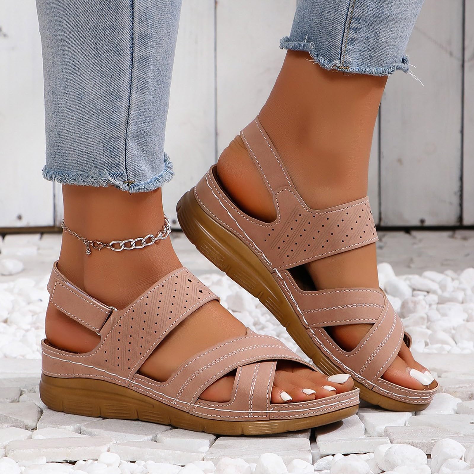 TUQIDEWU Women's Wedge Sandals with Arch Support - Dressy Bohemian Open Toe Cross Strap Comfort Sandals for Summer | Perfect for Beach Vacations, Date Nights & Outdoor Weddings