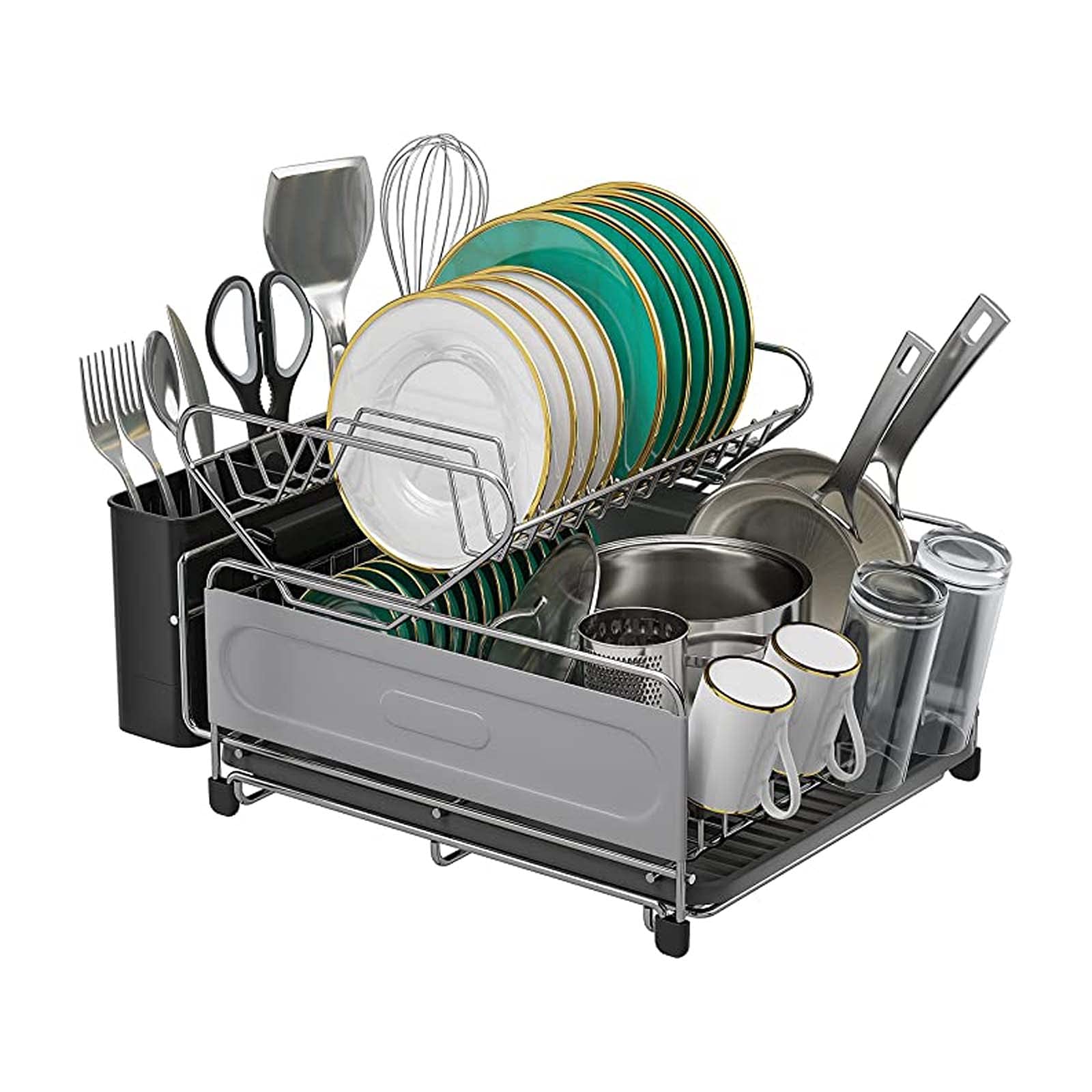 2-Layer Stainless Steel Drain Rack for Kitchen - 304 Steel Cutlery Drying & Storage Organizer with Utensil/Cup Holder, Space-Saving Grey Design - Perfect for Dish Drying, Countertop Organization & Small Kitchen Spaces