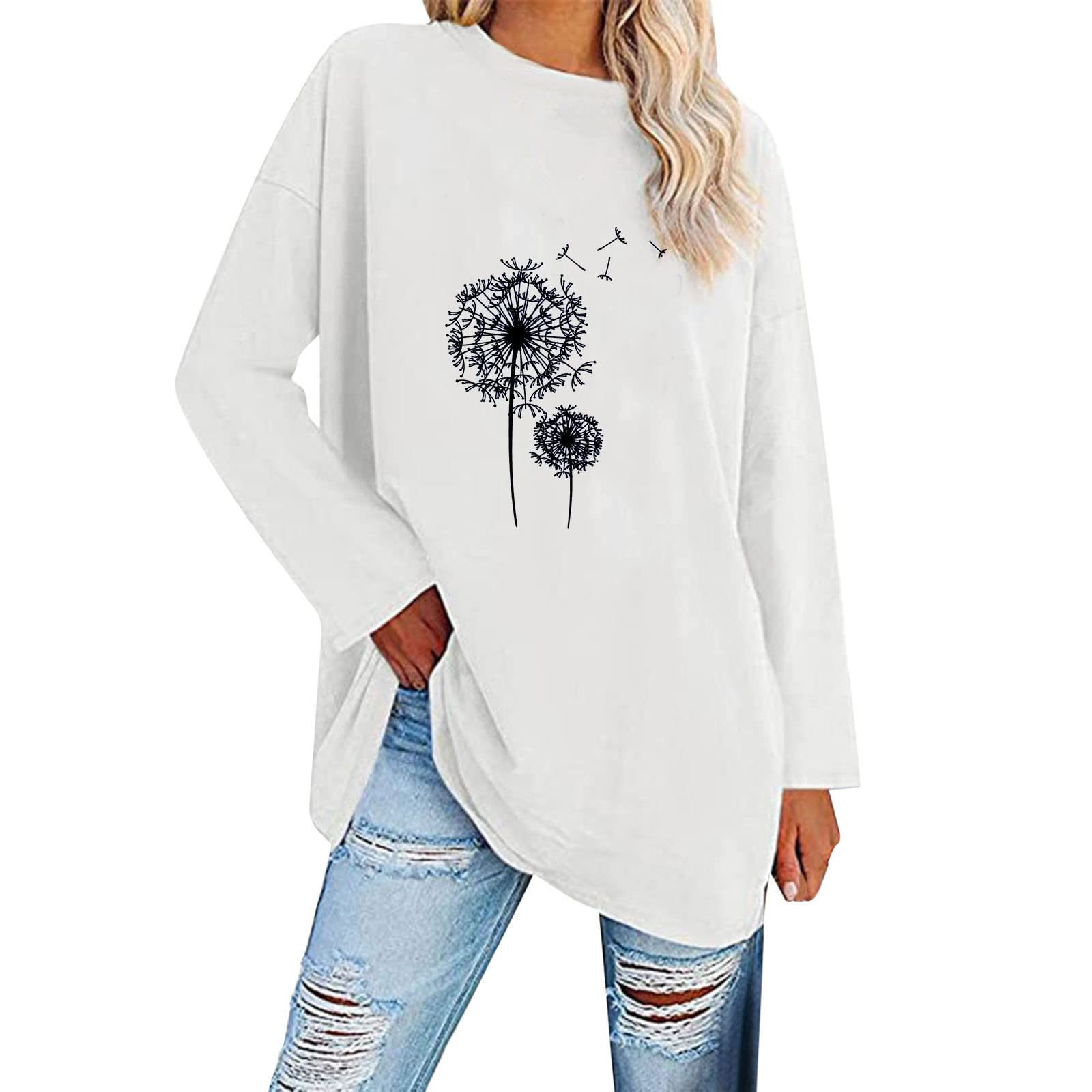 Women's Long Sleeve Blouse - Casual Work Tops with Round Neck, Loose Fit & Stretch Fabric, Floral Printed Tee for Office, Date Night & Everyday Wear
