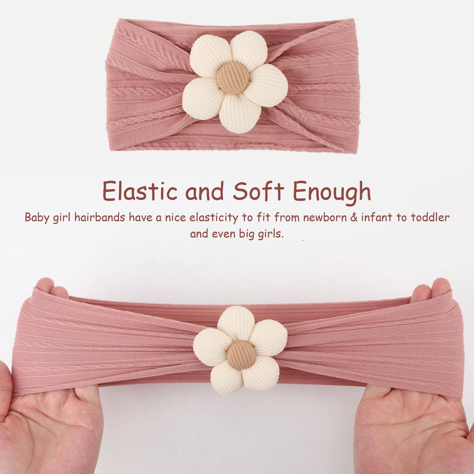 BQUBO Baby Flower Headbands for Girls - Soft Stretchy Nylon Hair Accessories Set (3 Pack) - Handmade Headbands for Newborns, Infants & Toddlers - Perfect for Photoshoots, Birthday Parties & Daily Wear