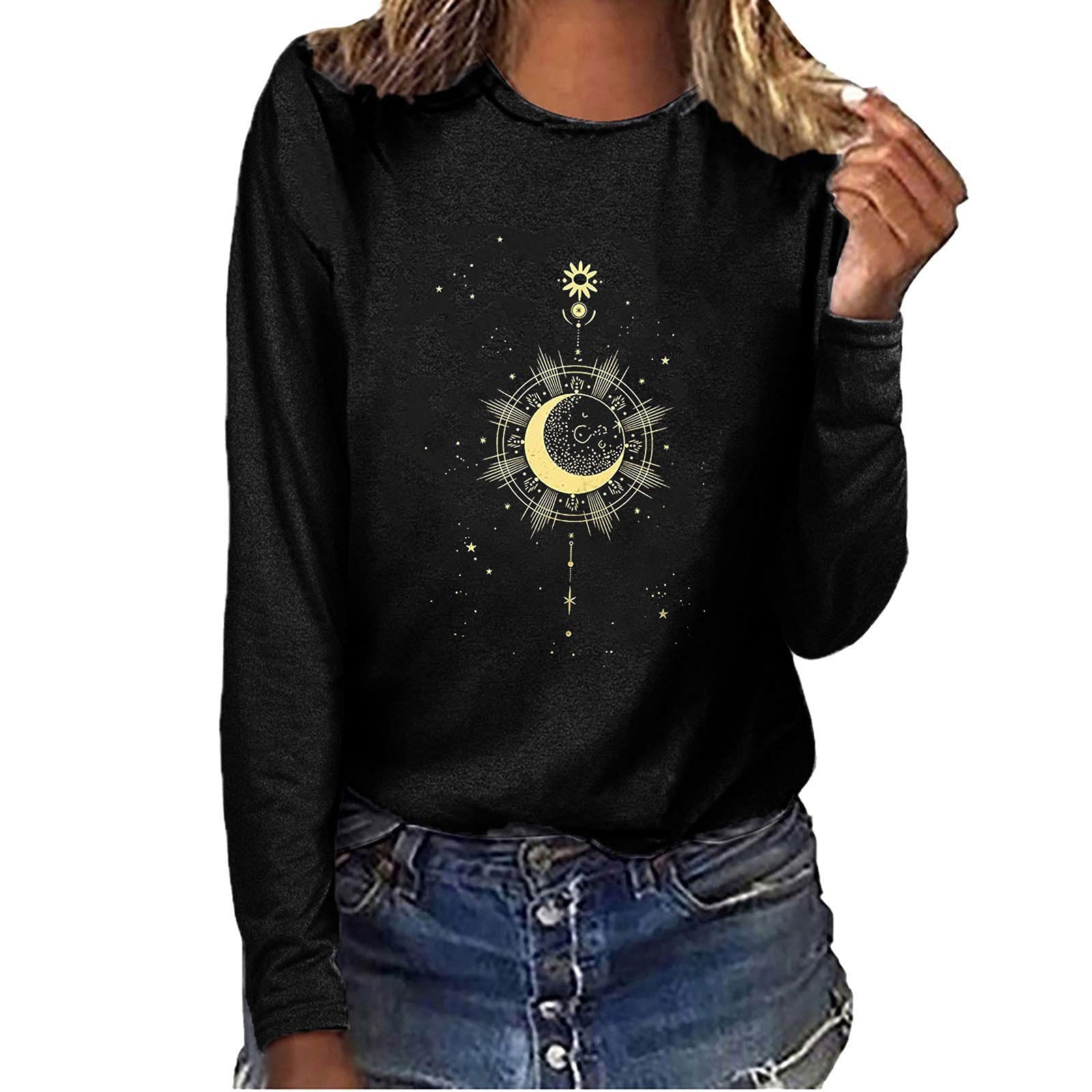 Funny Graphic Long Sleeve T-Shirts for Women - Vintage Skull & Moon Print Tunic Tops, Cute Blouses for Teen Girls & Juniors | Casual Wear, Halloween Costume, Street Fashion
