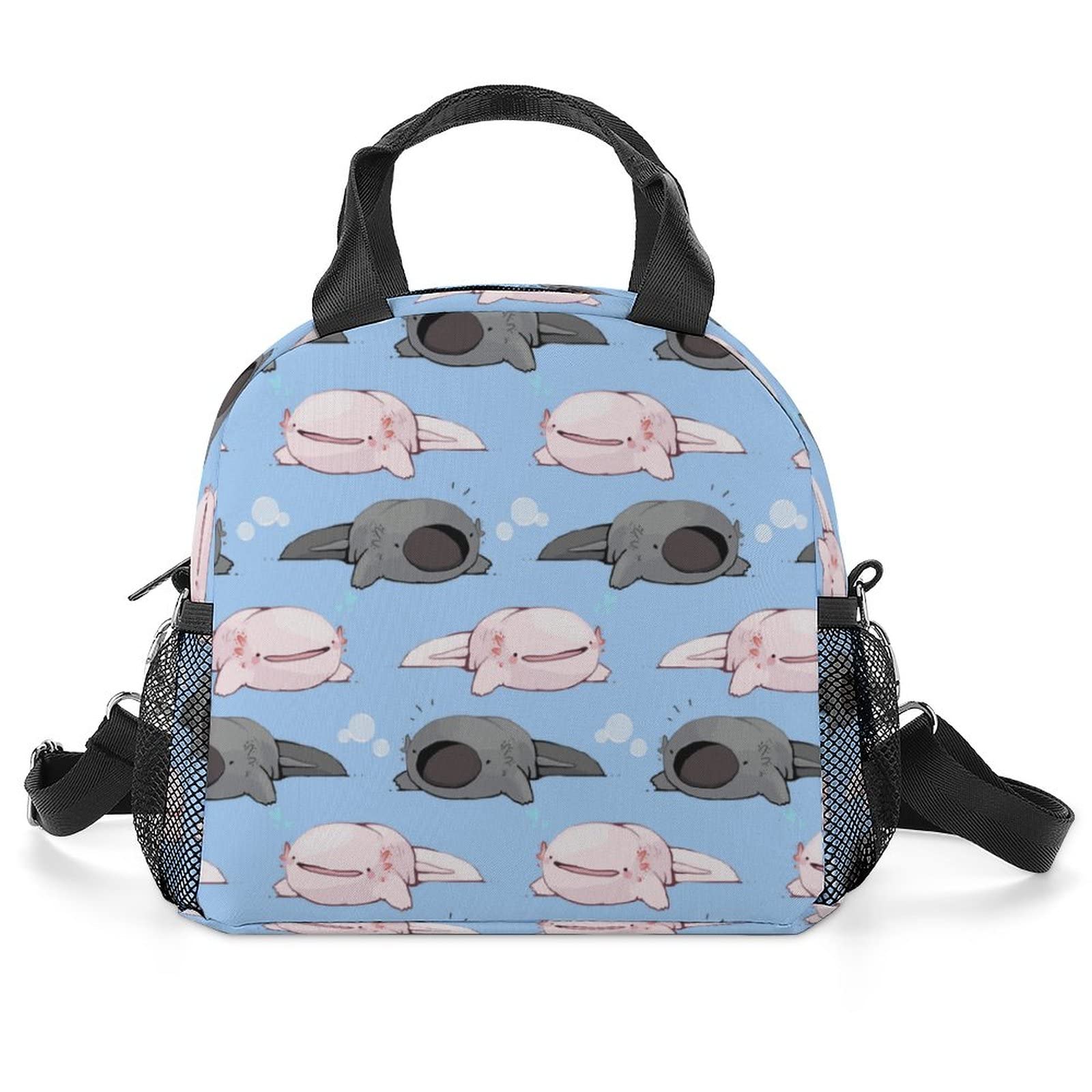 Insulated Lunch Bag for School & Office - Thick Cooler Lunch Box with Axolotl Hearts & Bubbles Blue Design | Keeps Food Warm/Cold | Perfect for Work, Picnics & Travel | Gift for Men, Women & Teens
