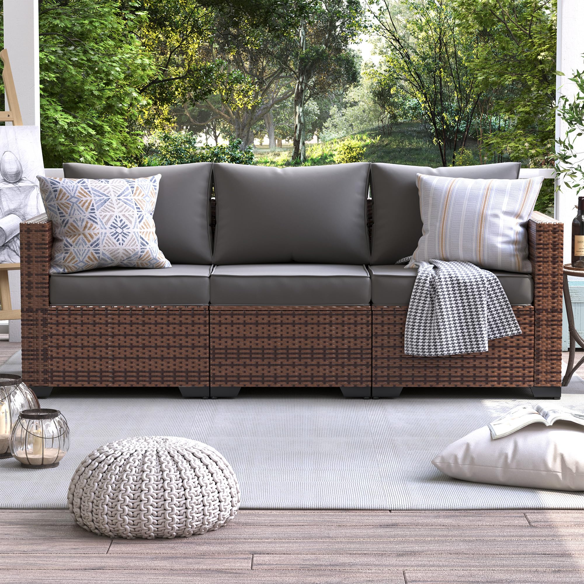UDPATIO 3-Seat Outdoor Wicker Sofa Set with Steel Frame - Grey Rattan Sectional Couch with Deep Seating, High Back, Non-Slip Cushions & Furniture Cover - Perfect for Patio, Garden, Poolside or Backyard Relaxation
