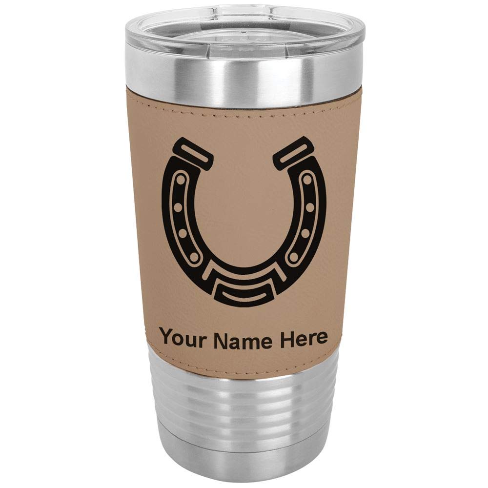 LaserGram 20oz Vacuum Insulated Stainless Steel Tumbler Mug with Personalized Engraving - Horseshoe Design, Faux Leather Wrap, Light Brown - Perfect for Coffee, Tea & Cold Drinks at Home, Office or Travel