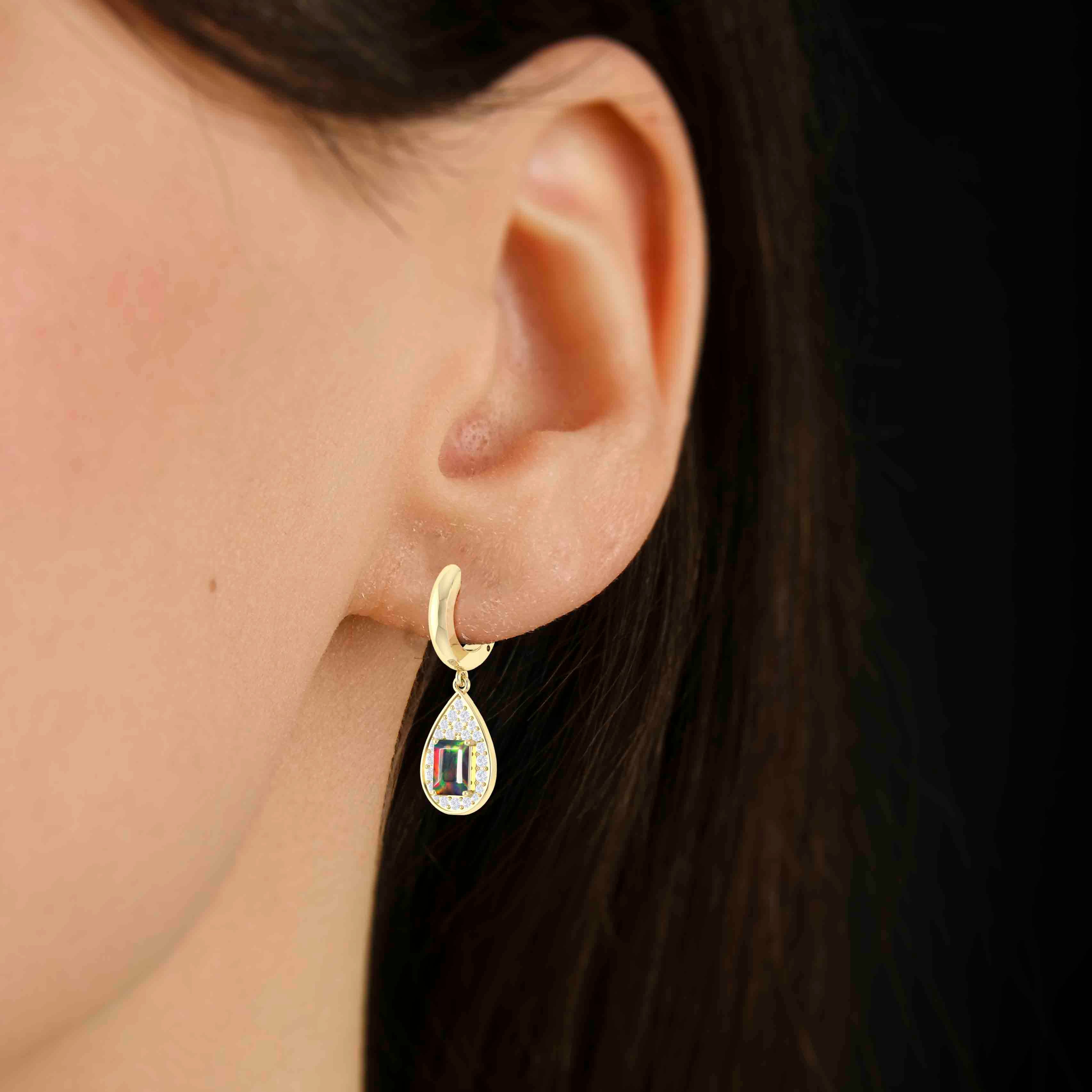 Natural Black Opal Hoop Drop Earrings for Women - Elegant Tear Dangle Earrings for Party, Wedding & Evening Wear
