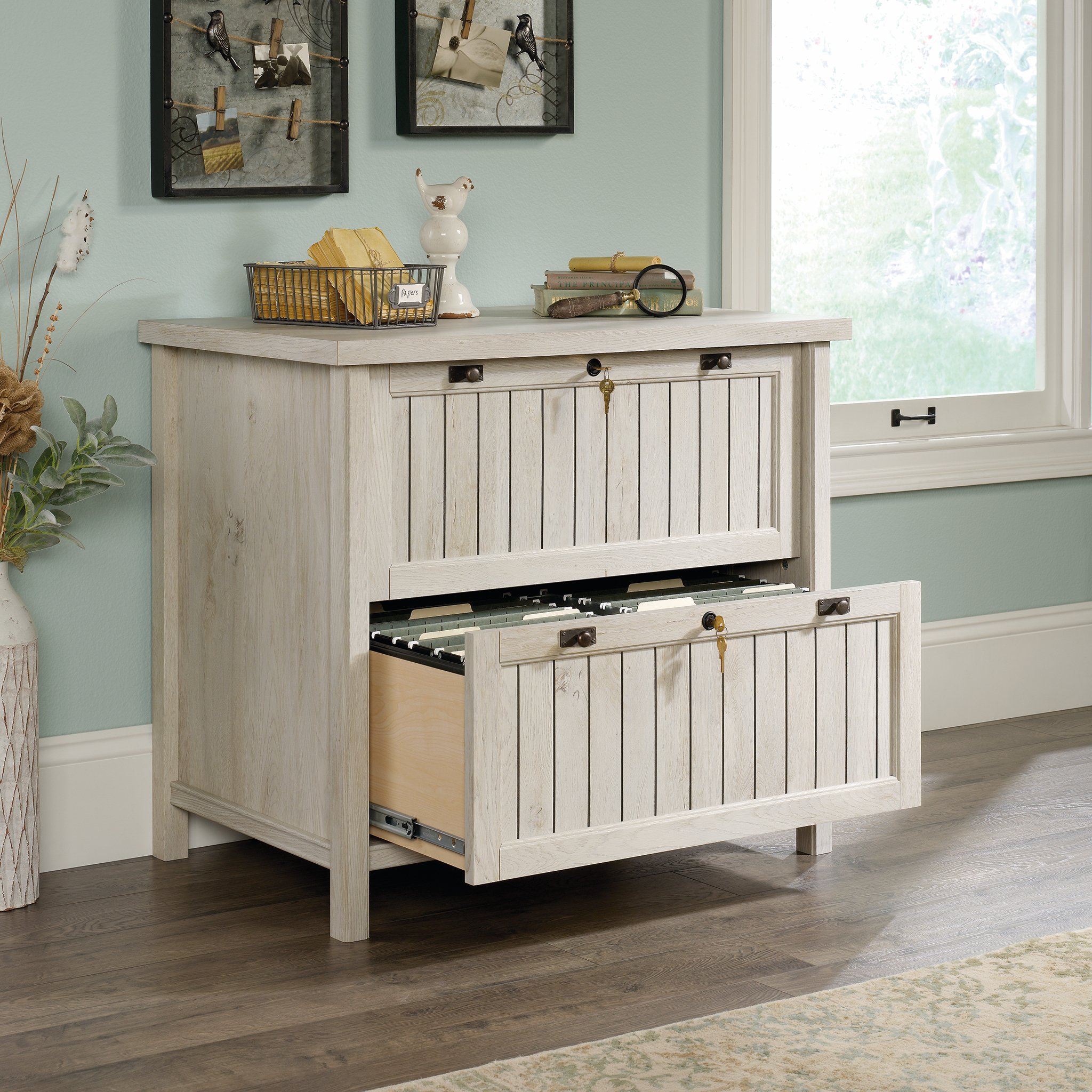 Sauder Costa Lateral File and L-Shaped Desk with Chalked Chestnut Finish - Home Office Furniture for Small Spaces, Work from Home Setup, Modern Workspace Solution