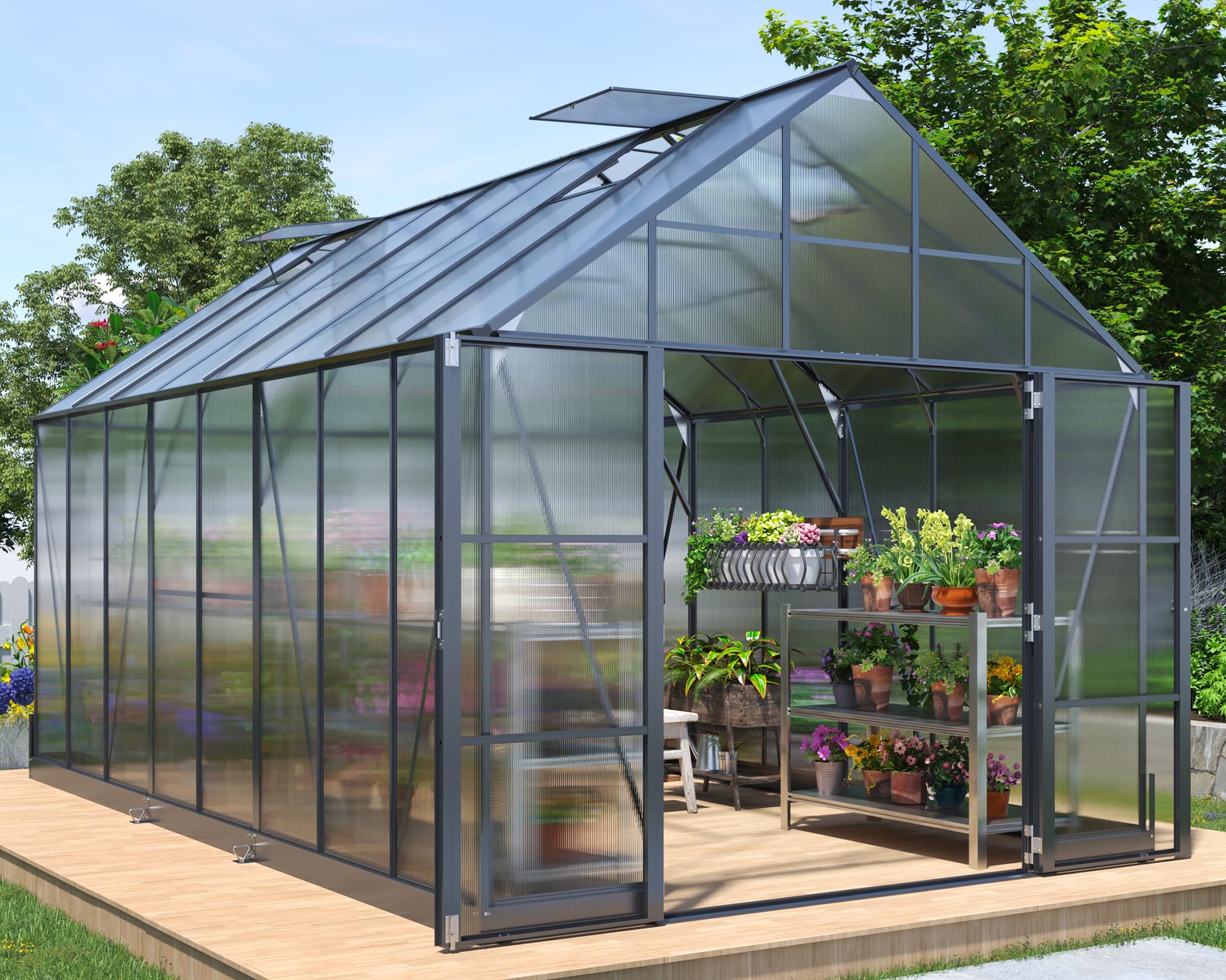 10x16x10 FT Polycarbonate Greenhouse with Double Swing Doors & 4 Vents | 6.3FT Added Wall Height | Walk-in Large Aluminum Frame Sunroom | Winter & Outdoor Gardening Greenhouse (Black) | Perfect for Growing Vegetables, Flowers & Plants Year-Round