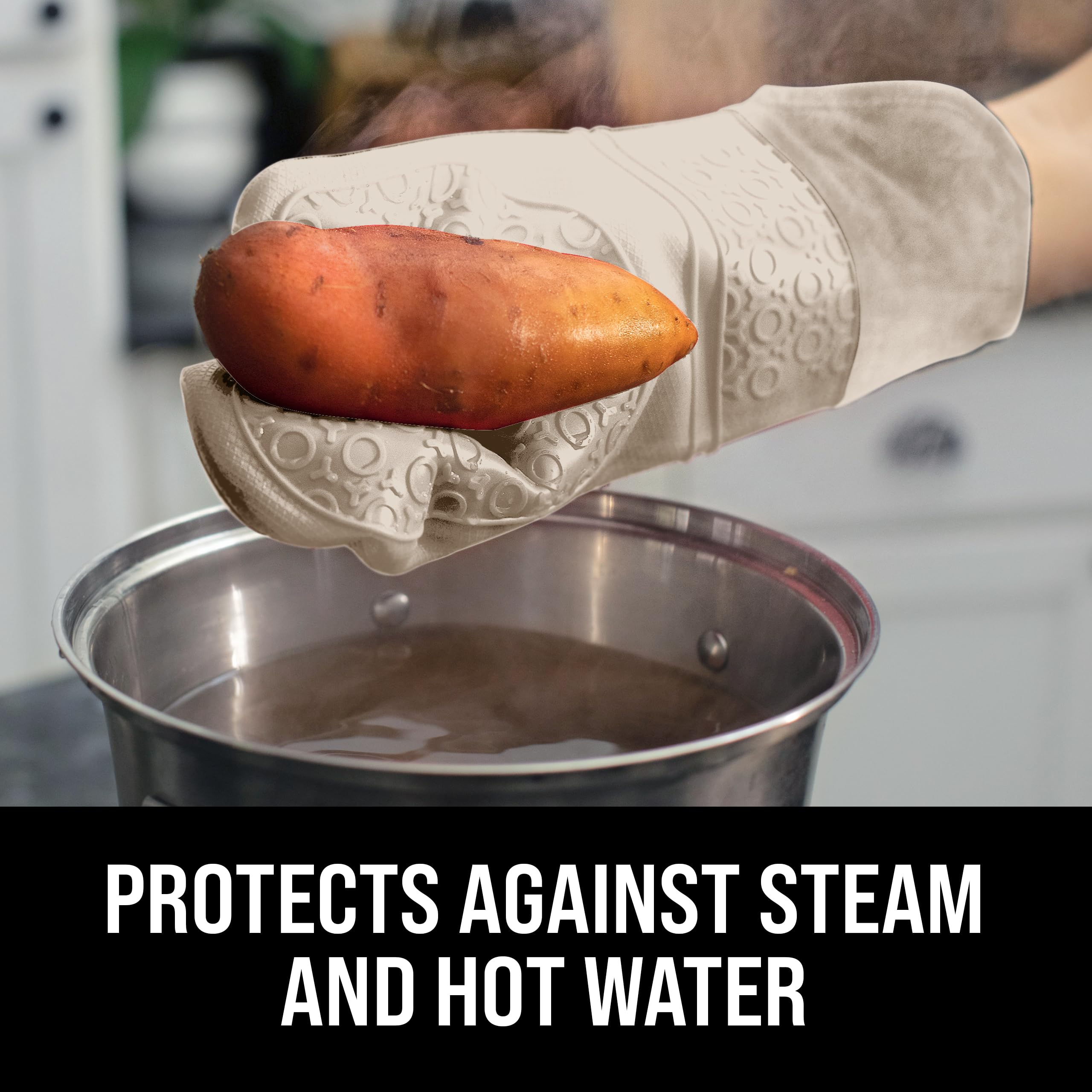 Extra Long Professional Silicone Oven Mitts - Heat Resistant Up to 500°F, Quilted Cotton Liner for Maximum Protection, Flexible Kitchen Gloves for Baking, Grilling & Cooking (1 Pair, Beige, 14.7 Inch) - Perfect for BBQ, Roasting & Handling Hot Pots/Pans