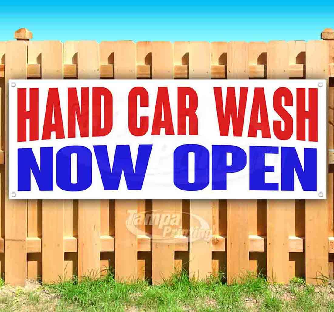 13 oz Heavy-Duty Vinyl Hand Car Wash Now Open Banner - Single-Sided with Metal Grommets | Durable Non-Fabric Sign for Car Wash Business, Auto Detailing & Grand Opening Events