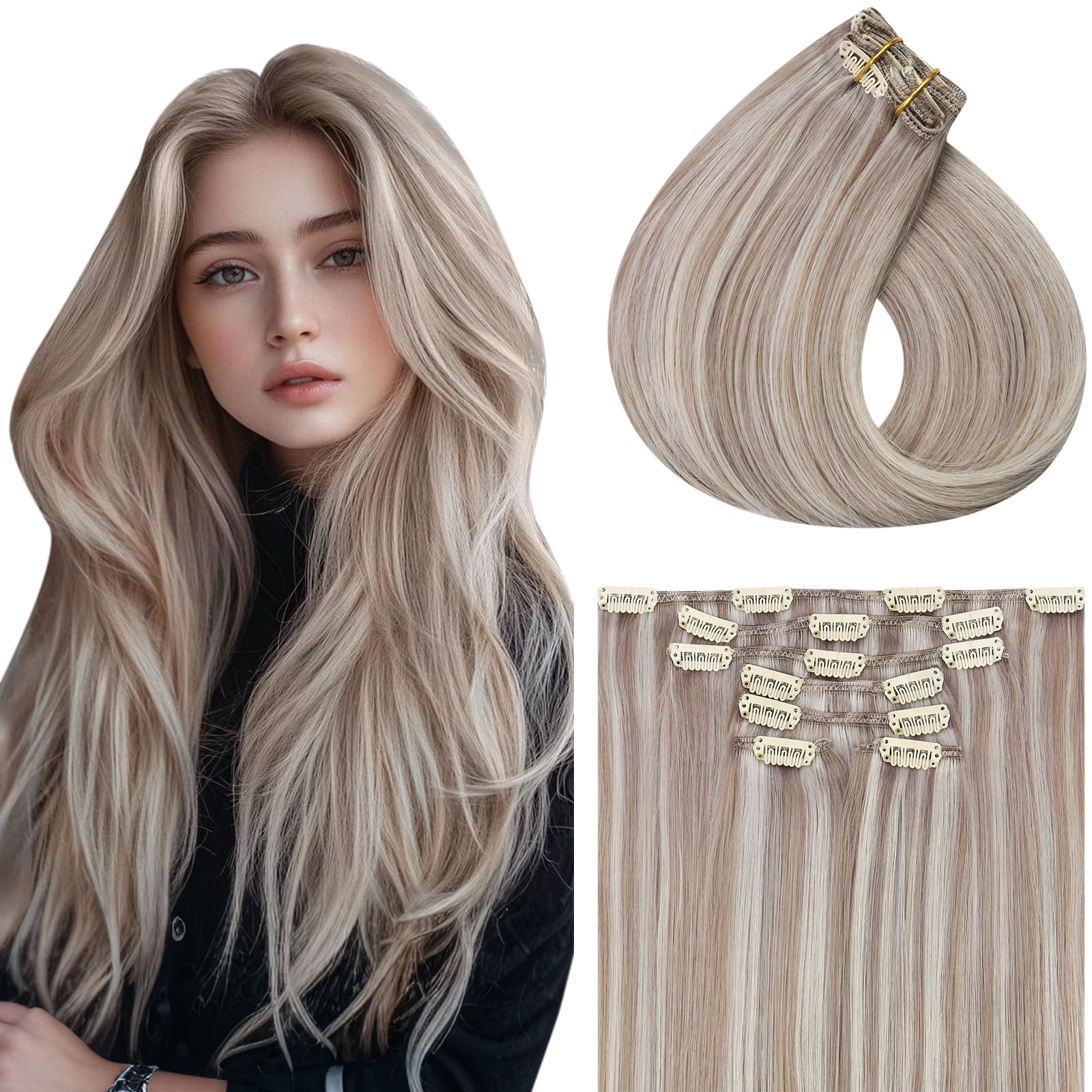 20 Inch Clip-in Human Hair Extensions - Dirty Blonde with Platinum Blonde Highlights | 120g 7pcs Full Head Straight Real Human Hair | Perfect for Parties, Weddings & Everyday Styling