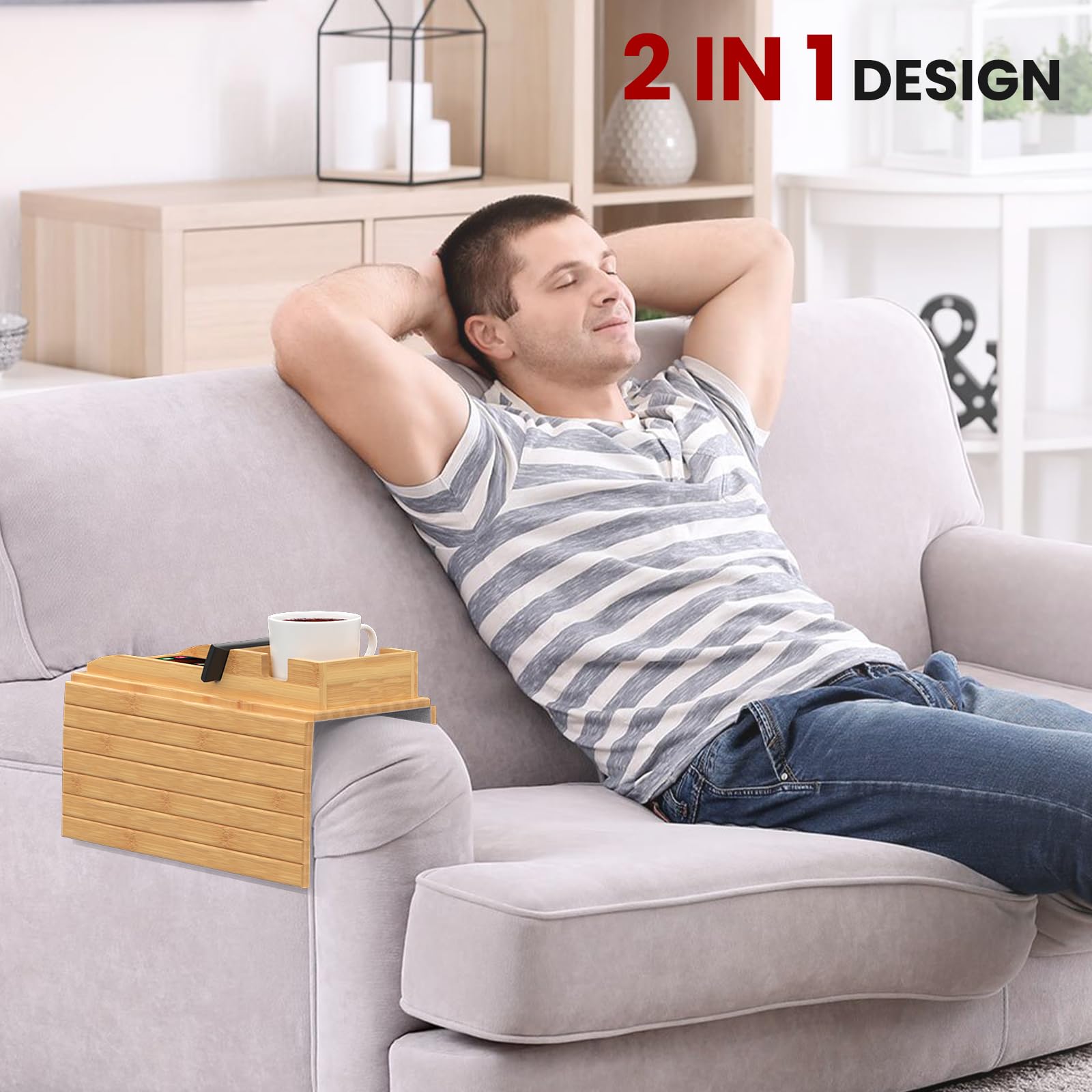 Bamboo Sofa Armrest Tray with Detachable Cup Holder - 2-in-1 Foldable Couch Table for Drinks, Snacks & Remote Control - Non-Slip Design for Living Room, Bedroom & Office Use