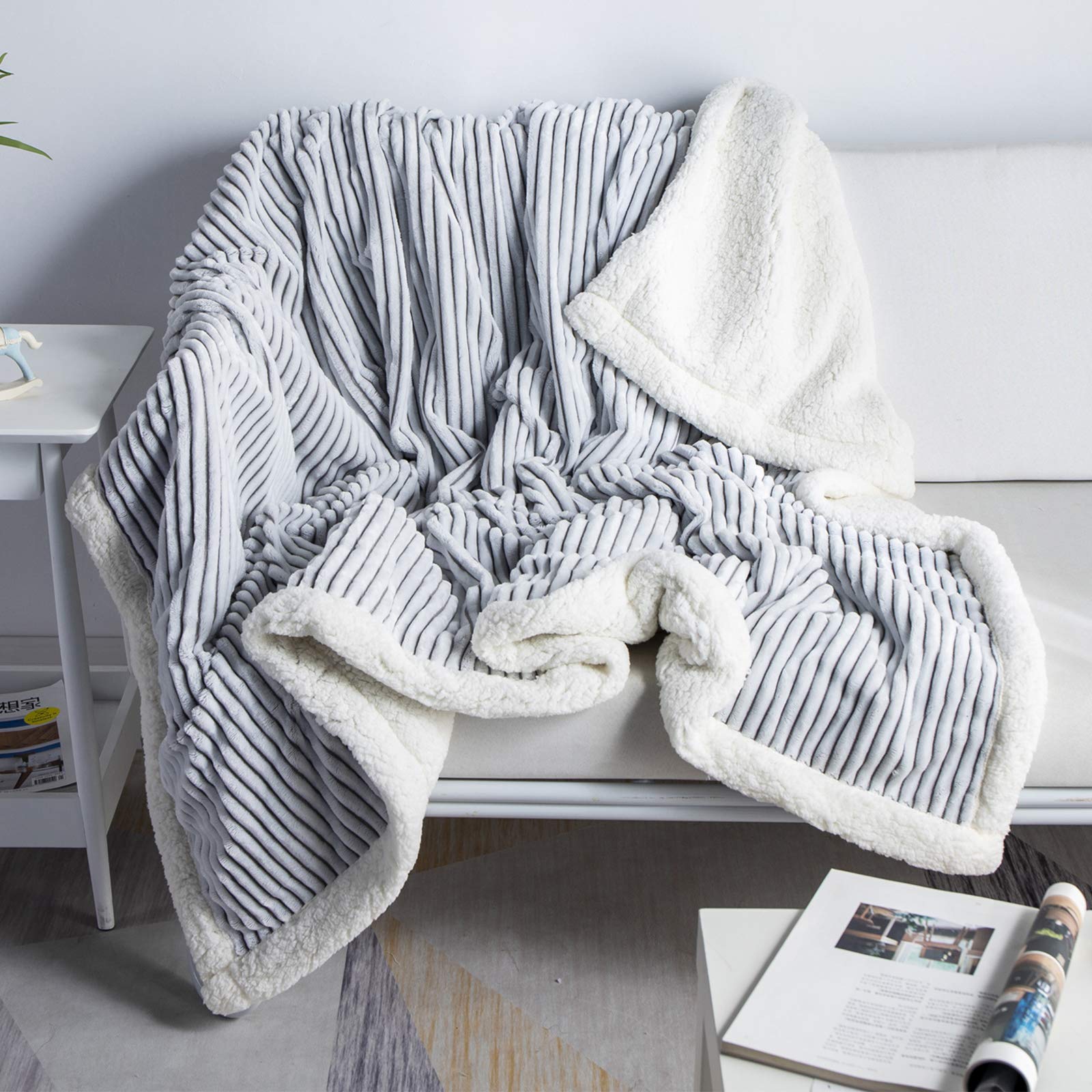 DISSA Sherpa Fleece Blanket - 71x80 Inches, Grey & White - Ultra Soft, Plush, Warm & Cozy Reversible Blanket for Bed, Couch, Sofa - Perfect for Winter Nights, Movie Time & Home Decor - Queen Size Blanket