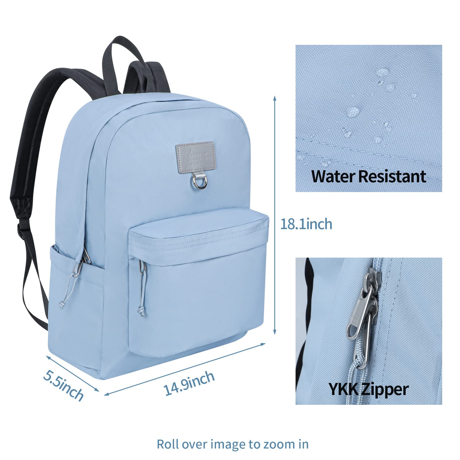 SIMTOP Lightweight Travel Backpack - Water Resistant Casual Daypack with Durable Polyester Fabric & YKK Zippers - Perfect for Work, Commuting, Hiking and Weekend Getaways - Light Blue