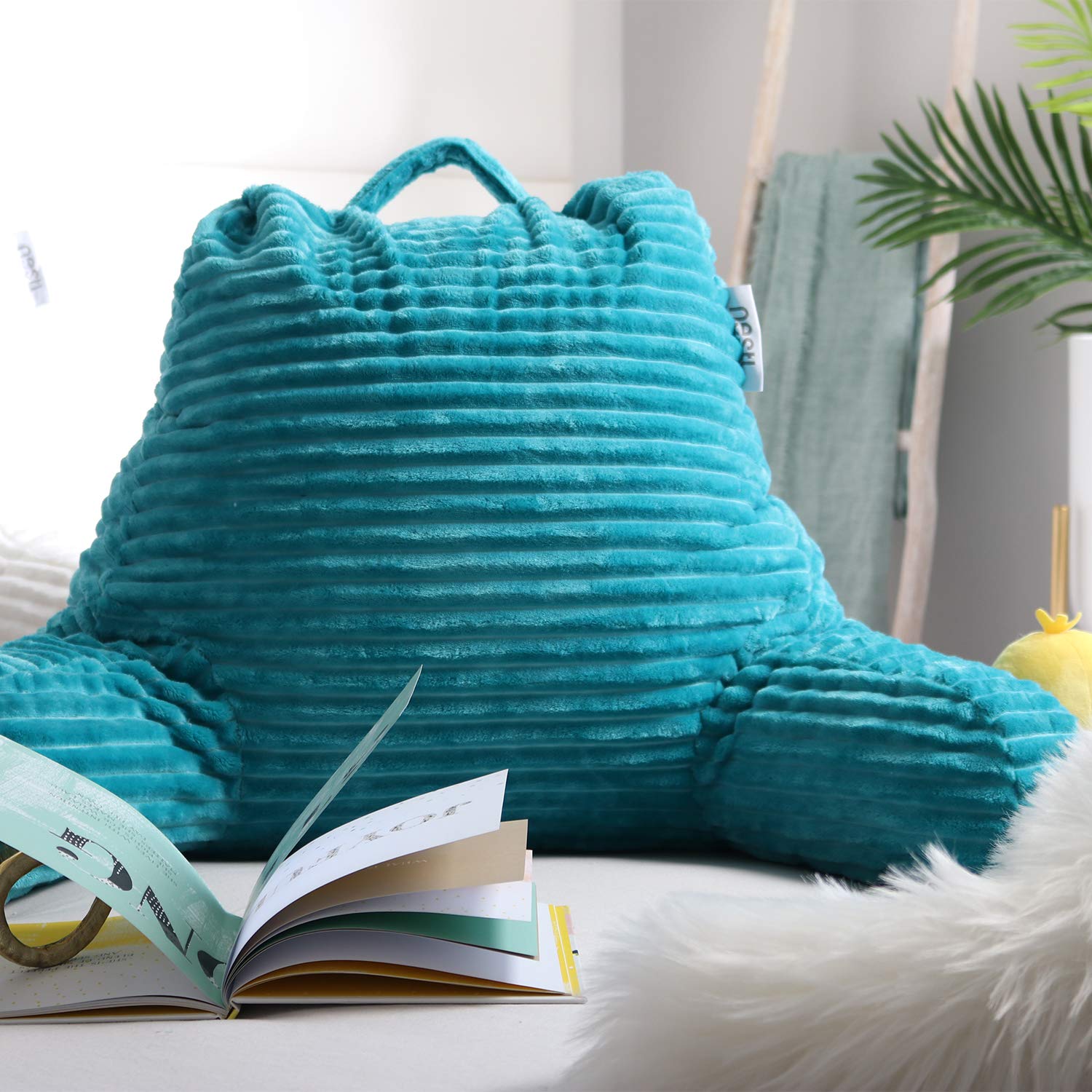Nestl Reading Pillow for Adults - Plush Back Support Pillow with Shredded Memory Foam, Armrests & Storage Pockets - Perfect for Reading, Watching TV, or Relaxing in Bed (Teal)