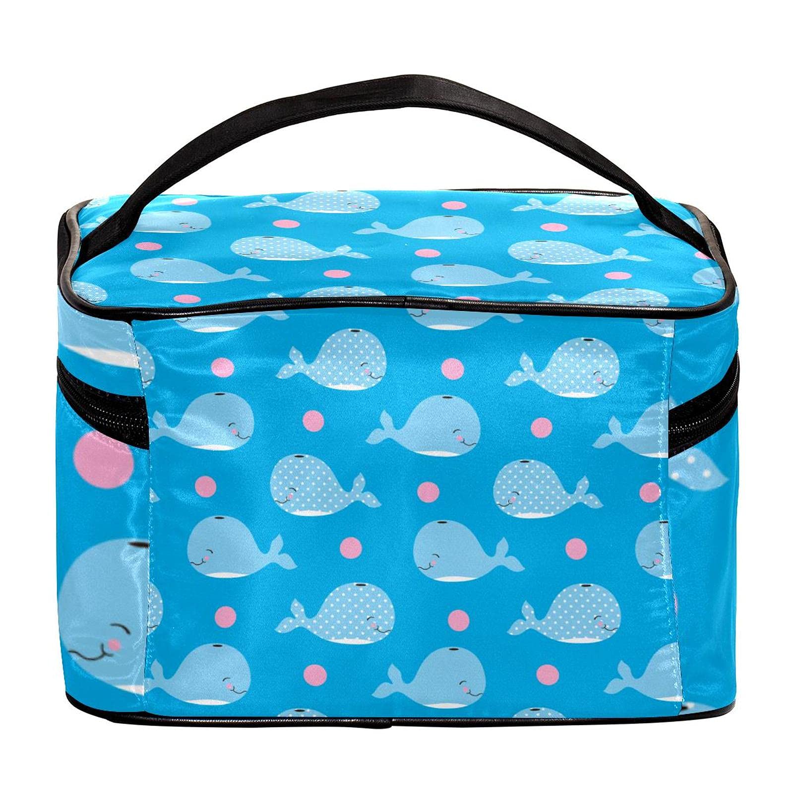 Cute Cartoon Dolphin & Pink Polka Dots Large Travel Makeup Bag - Waterproof Cosmetic Organizer with Zipper for Women & Girls - Perfect for Travel, Gym, Beach & Daily Use