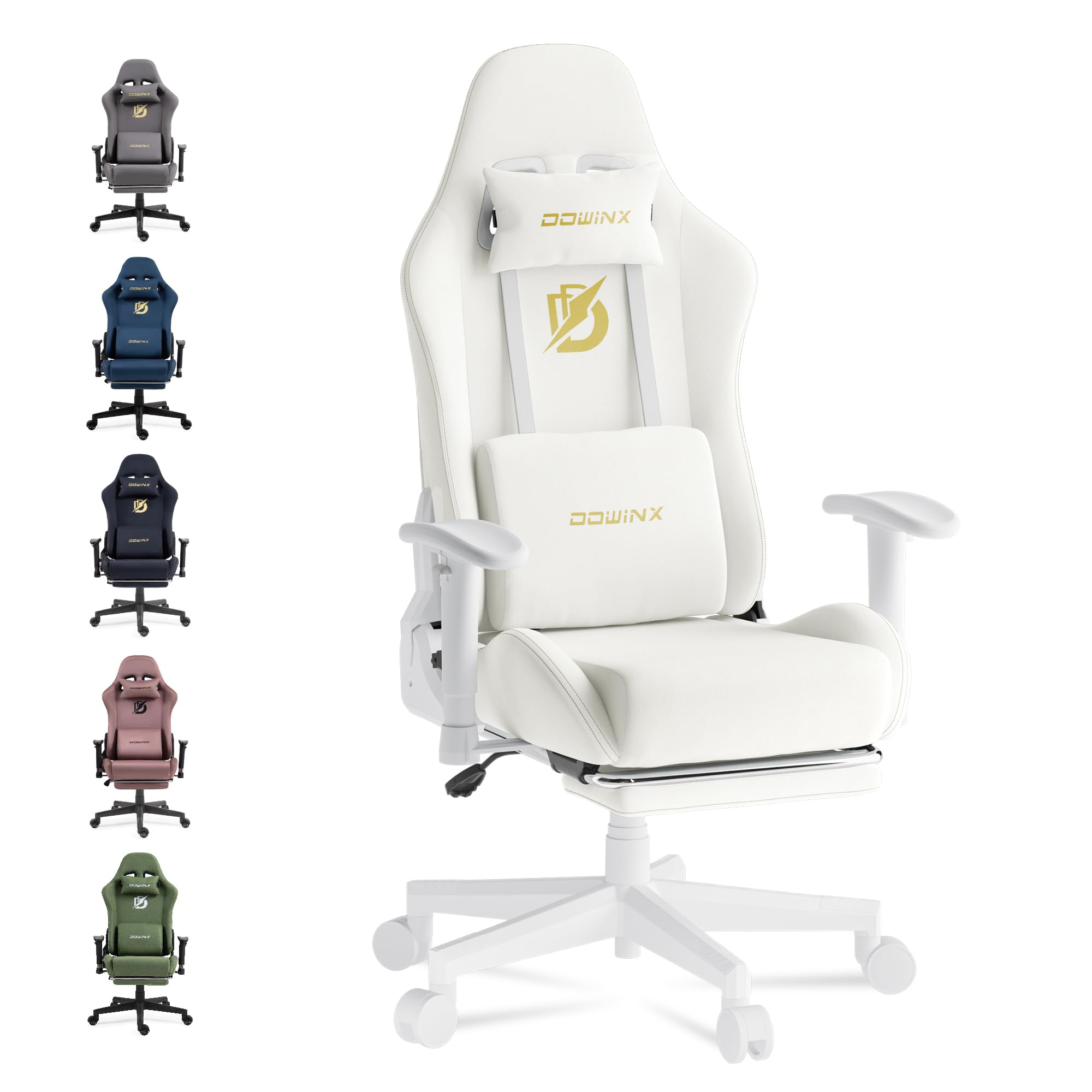 Dowinx Ergonomic Gaming Chair with Massage Lumbar Support & Footrest - High Back Reclining Computer Office Chair for Adults, Suede Fabric, Off-White - Perfect for Esports, Streaming & Home Office Workspace