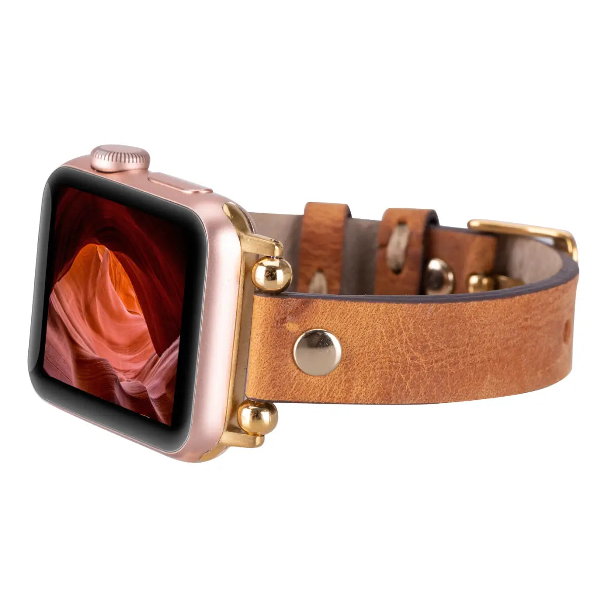 Premium Camel Leather Ultra Slim Apple Watch Band with Gold Rivets - Stylish & Durable for Workouts, Office & Everyday Wear
