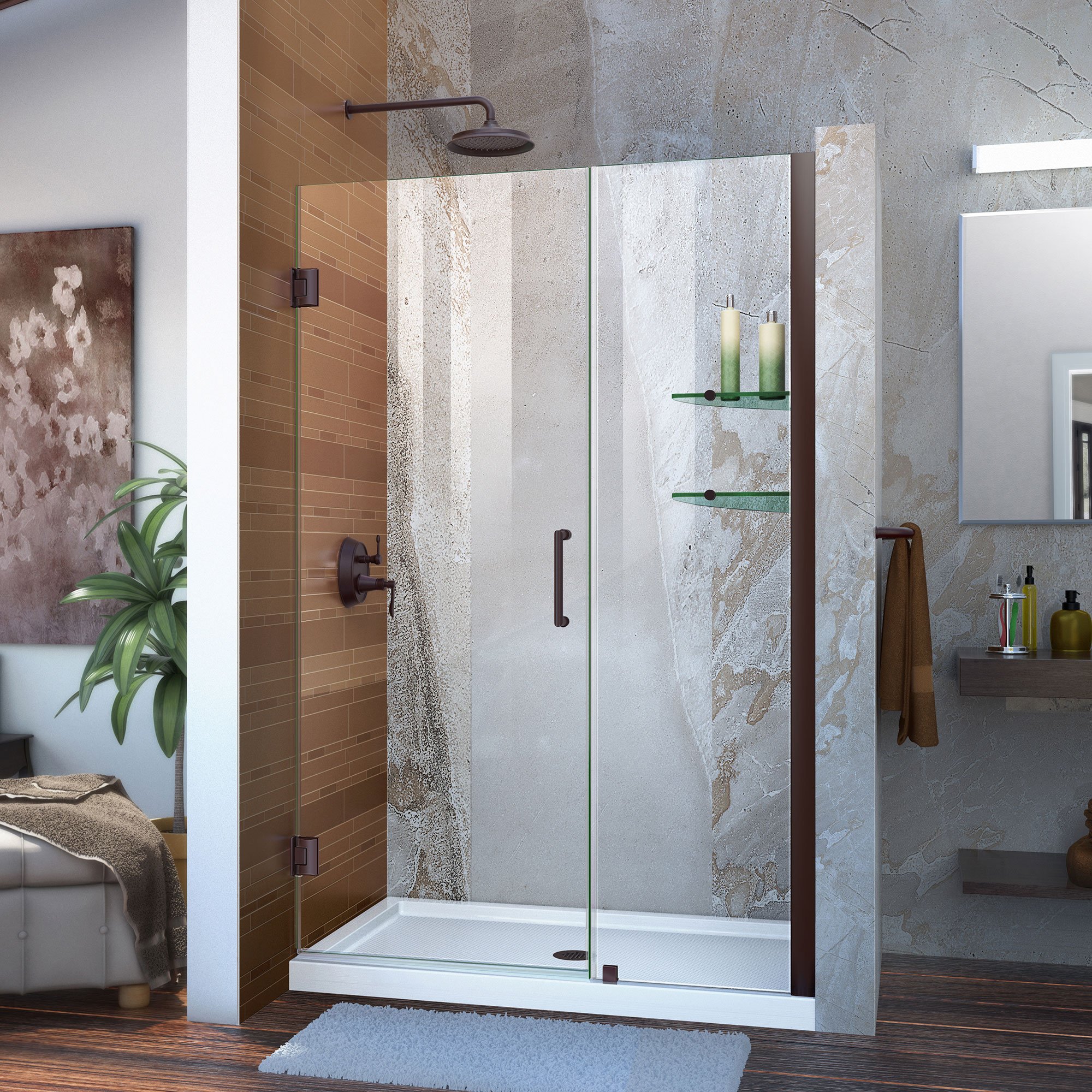 DreamLine Unidoor 46-47 Inch W x 72 Inch H Frameless Hinged Shower Door with Shelves in Oil Rubbed Bronze - Modern Bathroom Upgrade for Luxurious Shower Experience