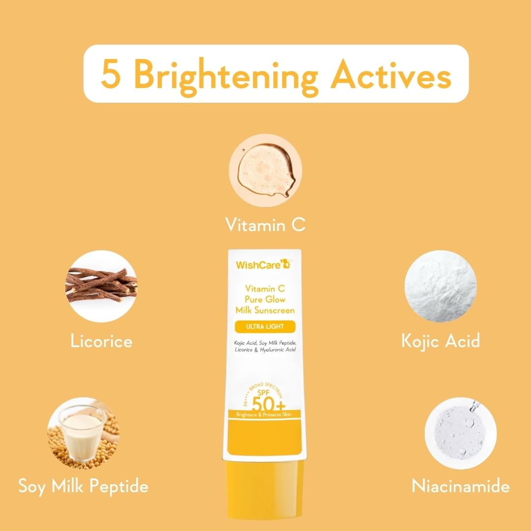 WishCare Vitamin C Pure Glow Milk Sunscreen SPF 50 PA++++ - Broad Spectrum Lightweight Sunscreen for Dry & Oily Skin (50g) | Daily UV Protection for Face & Body | Perfect for Outdoor Activities, Beach & Travel