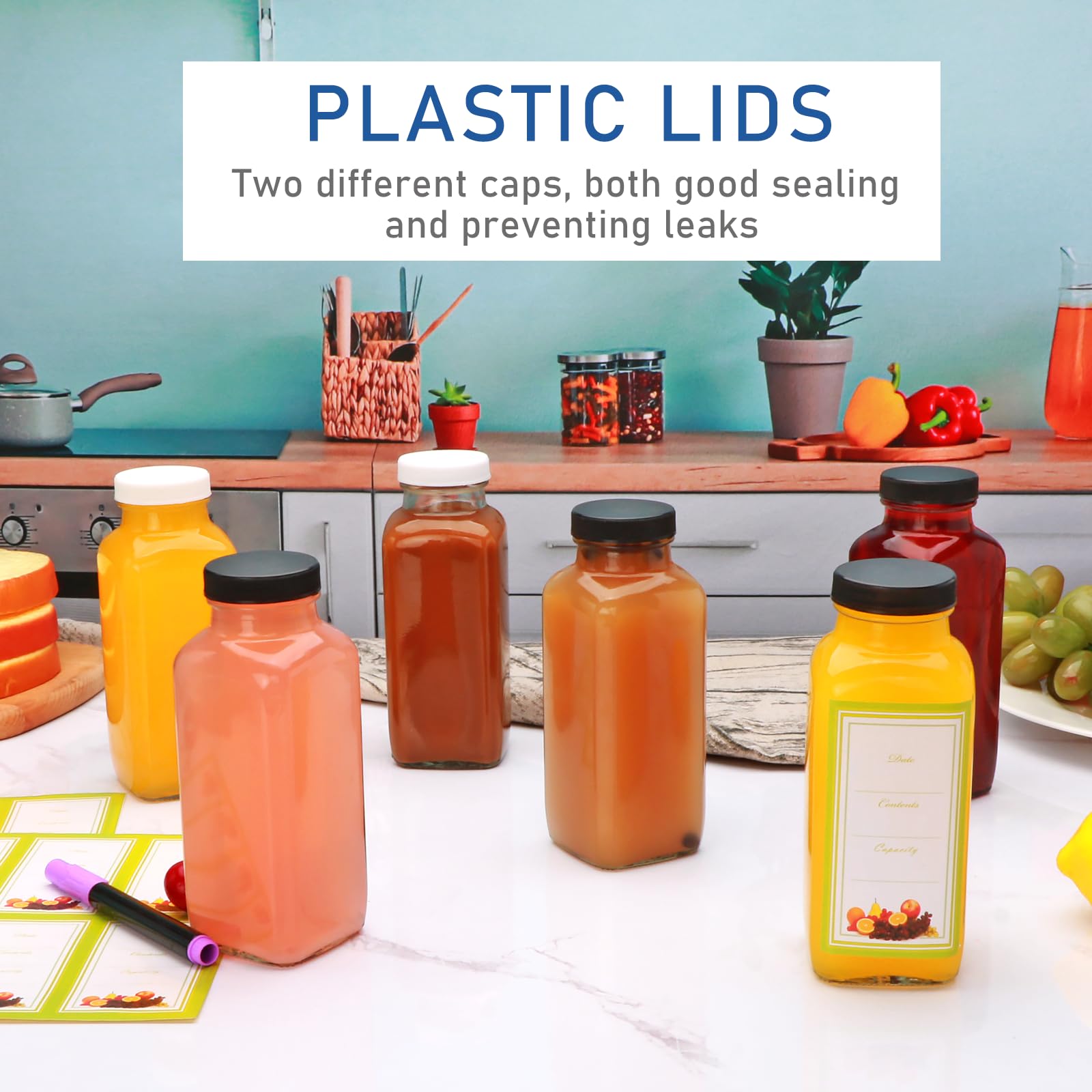 Brajttt 12 oz Glass Juice Bottles with Lids - Set of 12 Reusable Square Beverage Containers for Milk, Juice, Tea, Milkshake, Water, Honey & Jam - Perfect for Home, Office, Restaurant & Meal Prep Storage