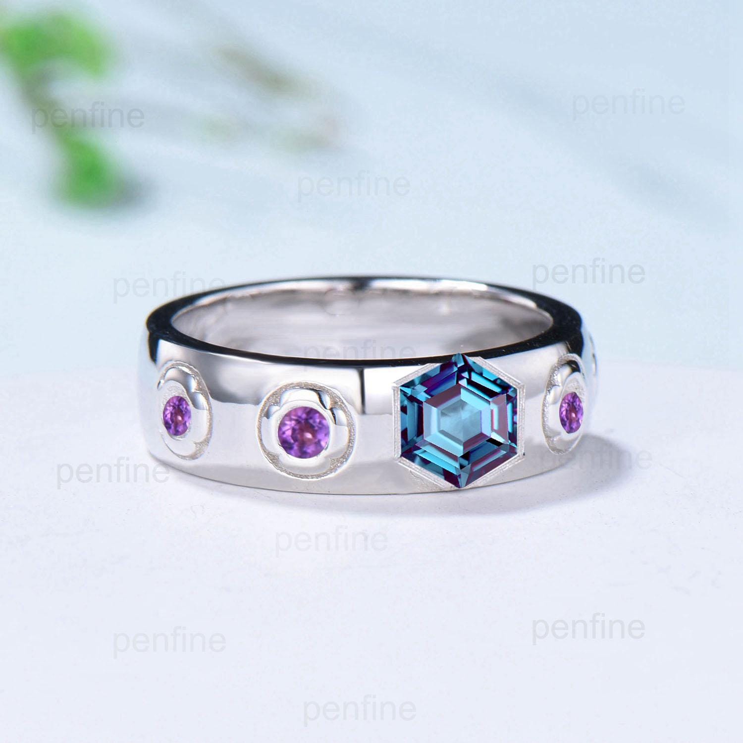 Howl's Moving Castle Men's Ring - 5mm Hexagon Alexandrite Wedding Band in Silver & White Gold - Howl & Sophie's Matching Stacking Ring Set with Amethyst - Perfect Gift for Anime Fans, Couples & Fantasy Lovers (Great for Cosplay, Weddings & Anniversary Gifts)