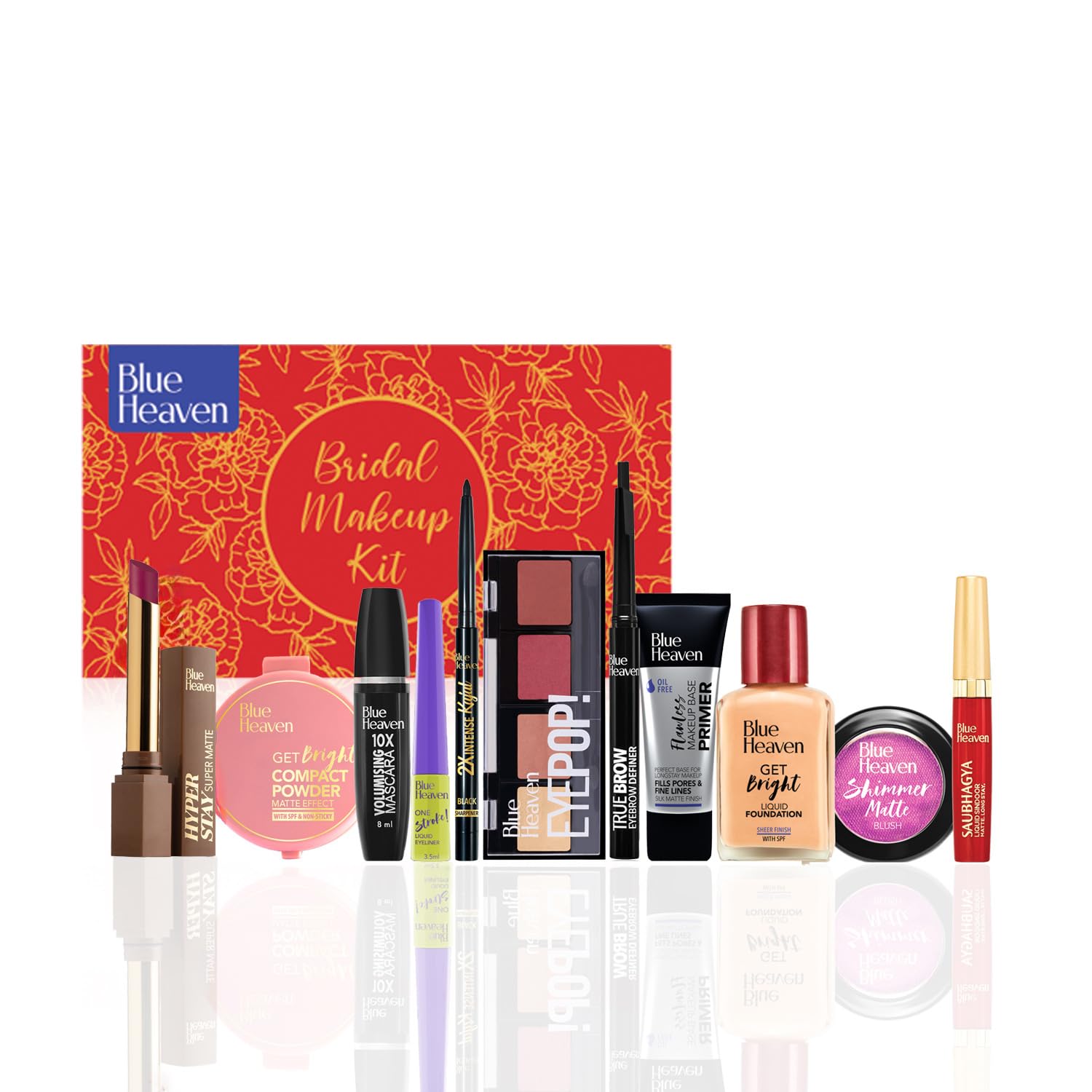 Blue Heaven All-In-One Bridal Makeup Kit for Women | 11-Piece Set with Primer, Foundation, Compact Powder, Eyebrow Pencil, Eyeliner, Kajal, Mascara, Eyeshadow, Lipstick, Sindoor & Blush | 55.1g + 49.5ml | Perfect for Weddings, Parties & Special Occasions